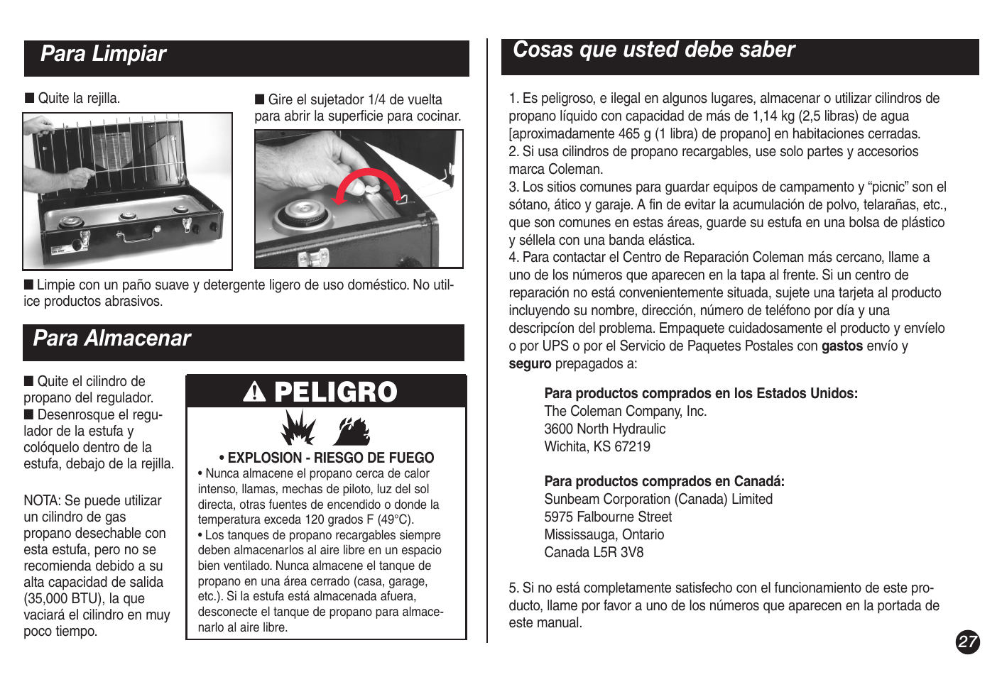 Peligro, Para limpiar cosas que usted debe saber, Para almacenar | Coleman 5428A Series User Manual | Page 27 / 32