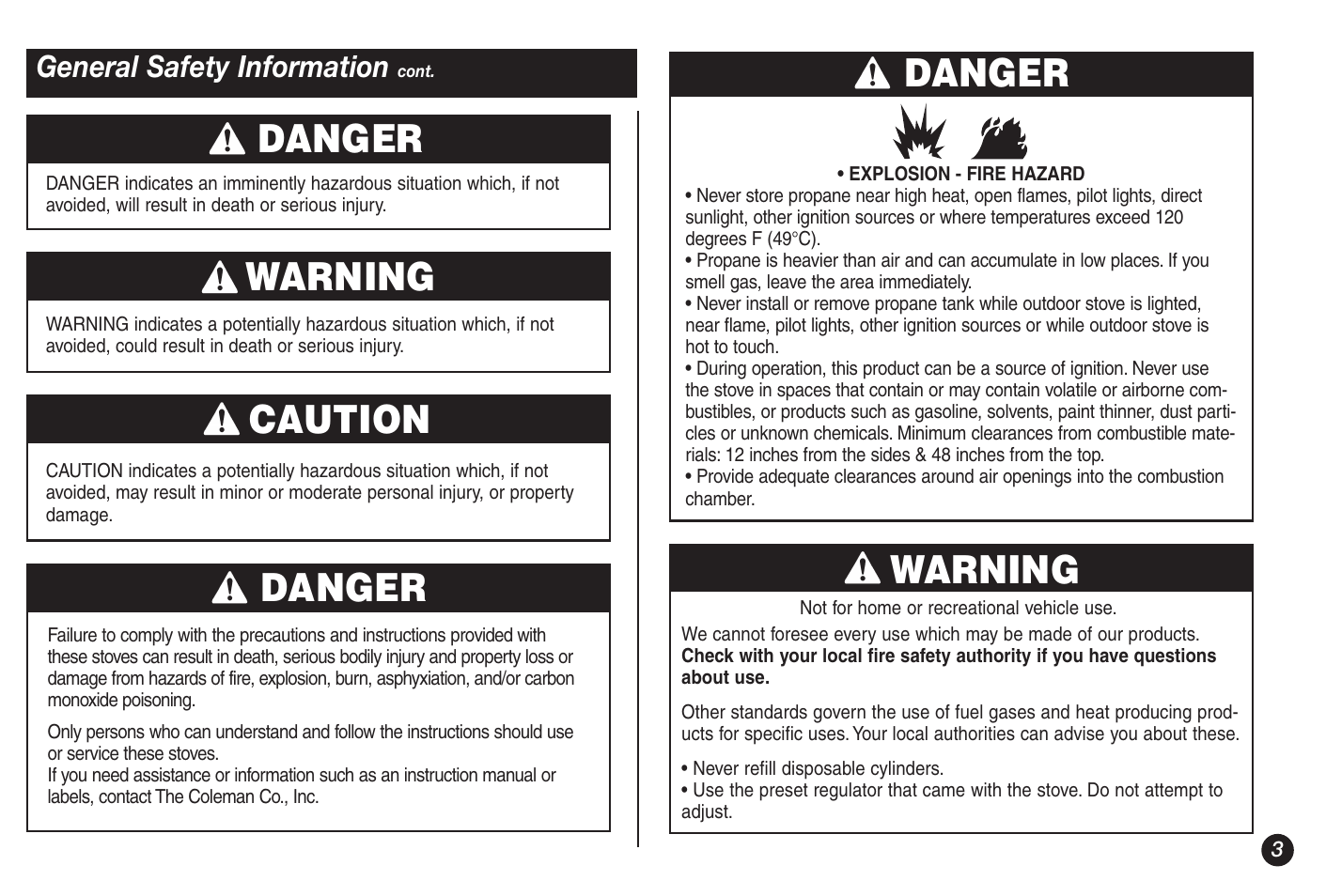 Warning, Danger, Caution | Coleman 5428A Series User Manual | Page 3 / 32