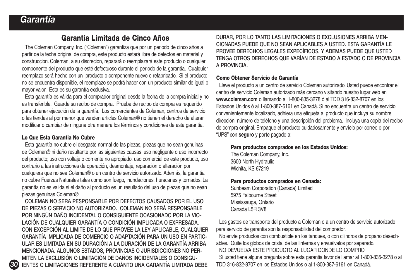 Garantía, Garantía limitada de cinco años | Coleman 5428A Series User Manual | Page 30 / 32