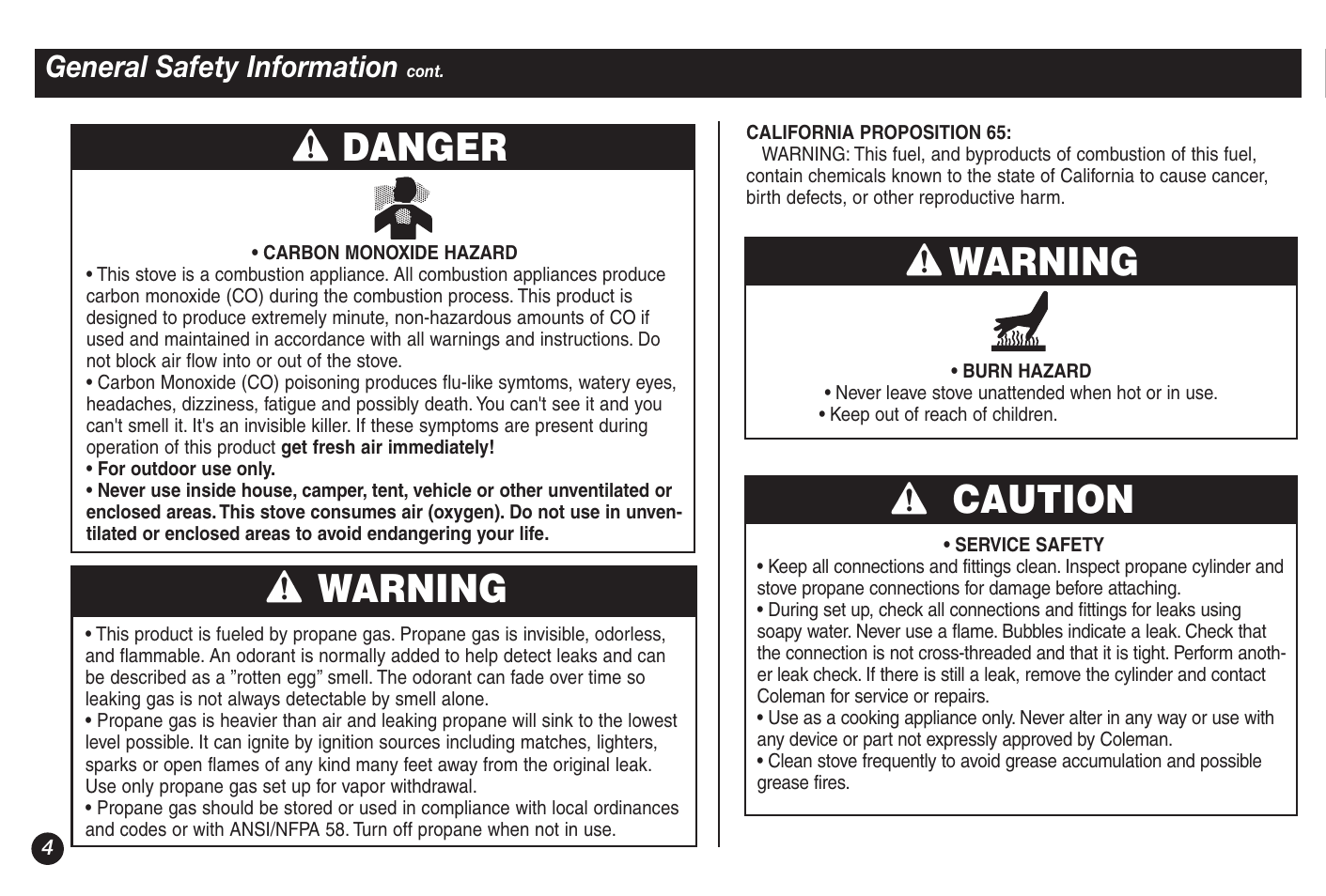 Warning, Caution warning, Danger | General safety information | Coleman 5428A Series User Manual | Page 4 / 32