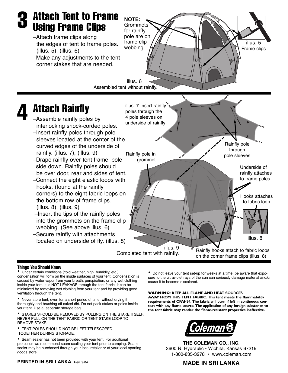 Attach tent to frame using frame clips, Attach rainfly | Coleman CRESCENT RIM 9234-121 User Manual | Page 2 / 2