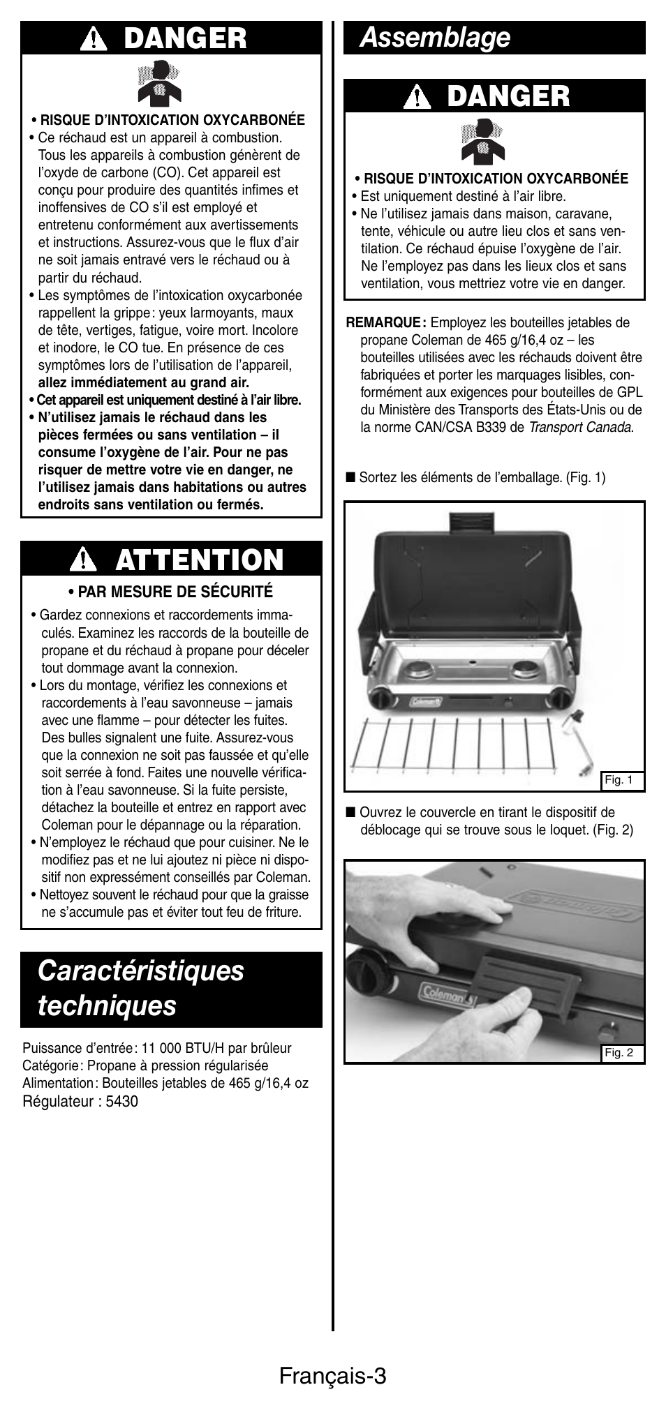 Danger, Attention, Assemblage caractéristiques techniques | Français-3 | Coleman 5466A User Manual | Page 10 / 24