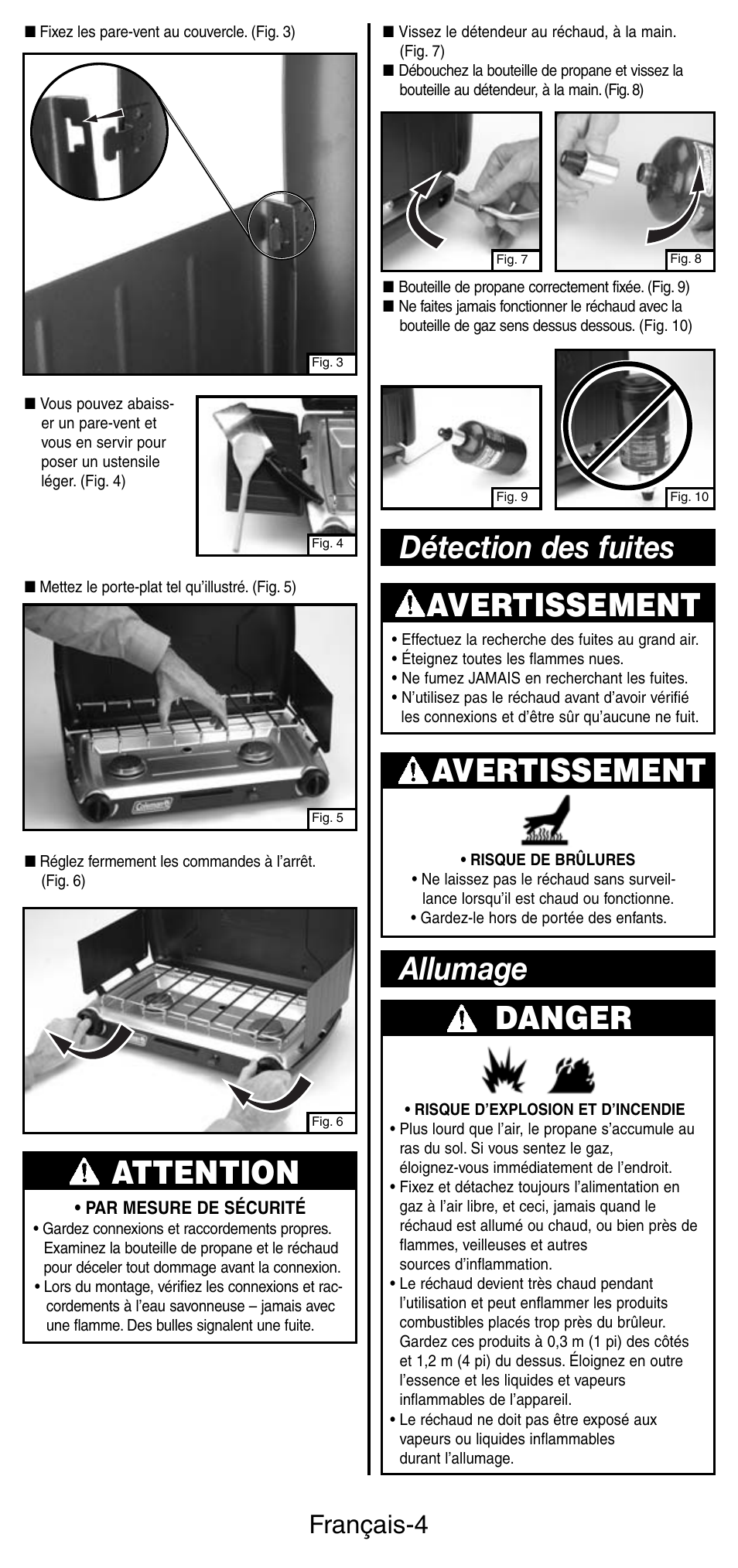 Attention, Allumage avertissement, Détection des fuites danger | Avertissement, Français-4 | Coleman 5466A User Manual | Page 11 / 24