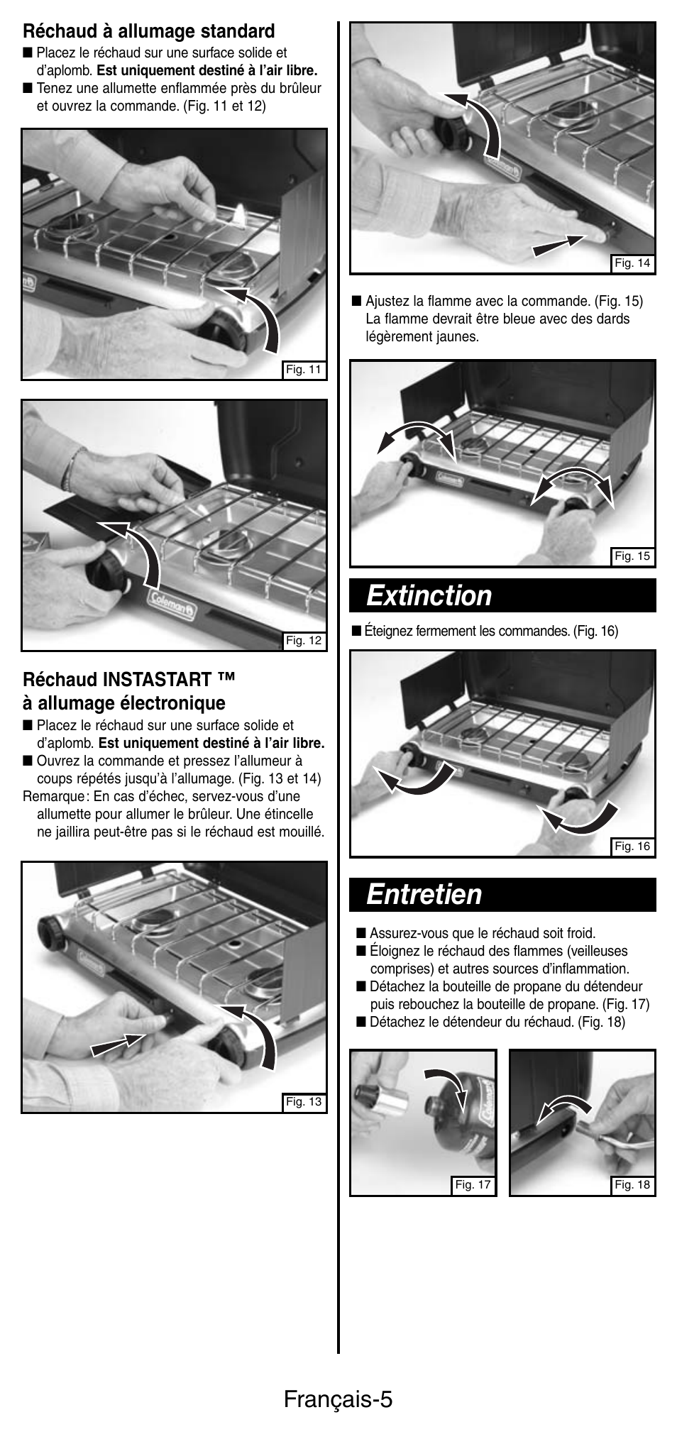 Extinction, Entretien, Français-5 | Réchaud à allumage standard, Réchaud instastart ™ à allumage électronique | Coleman 5466A User Manual | Page 12 / 24