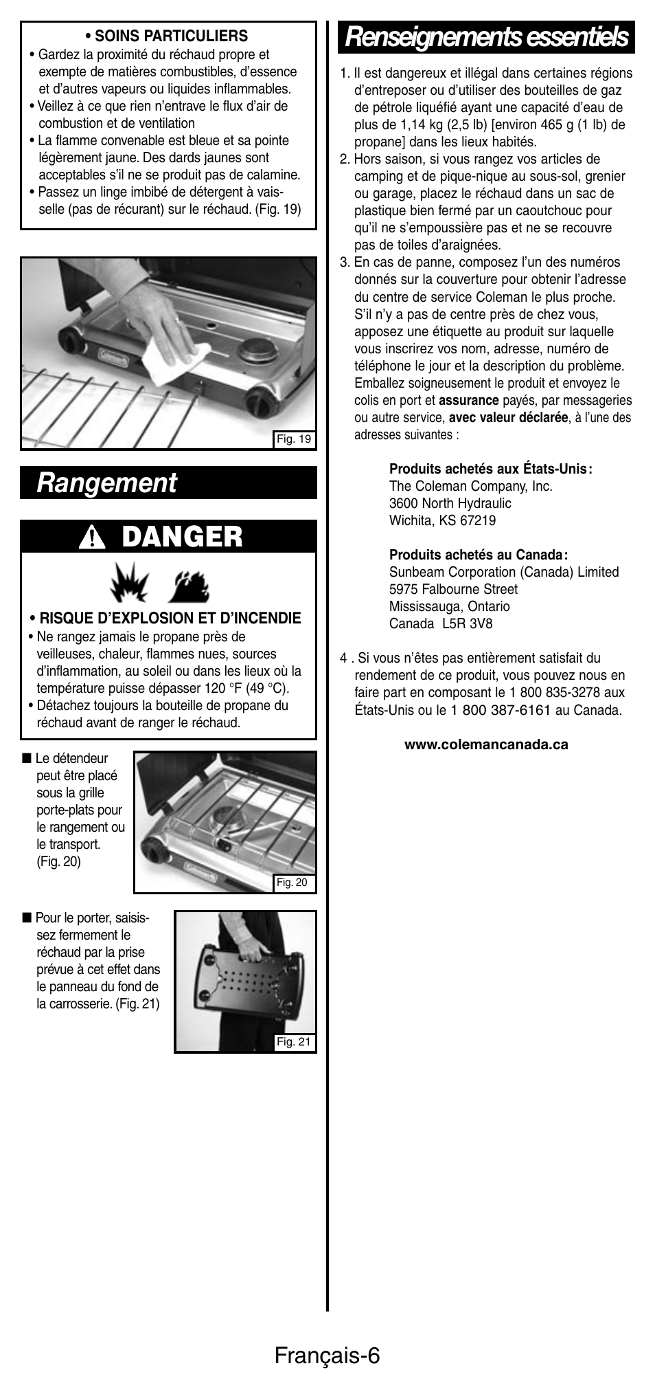 Danger, Rangement, Renseignements essentiels | Français-6 | Coleman 5466A User Manual | Page 13 / 24