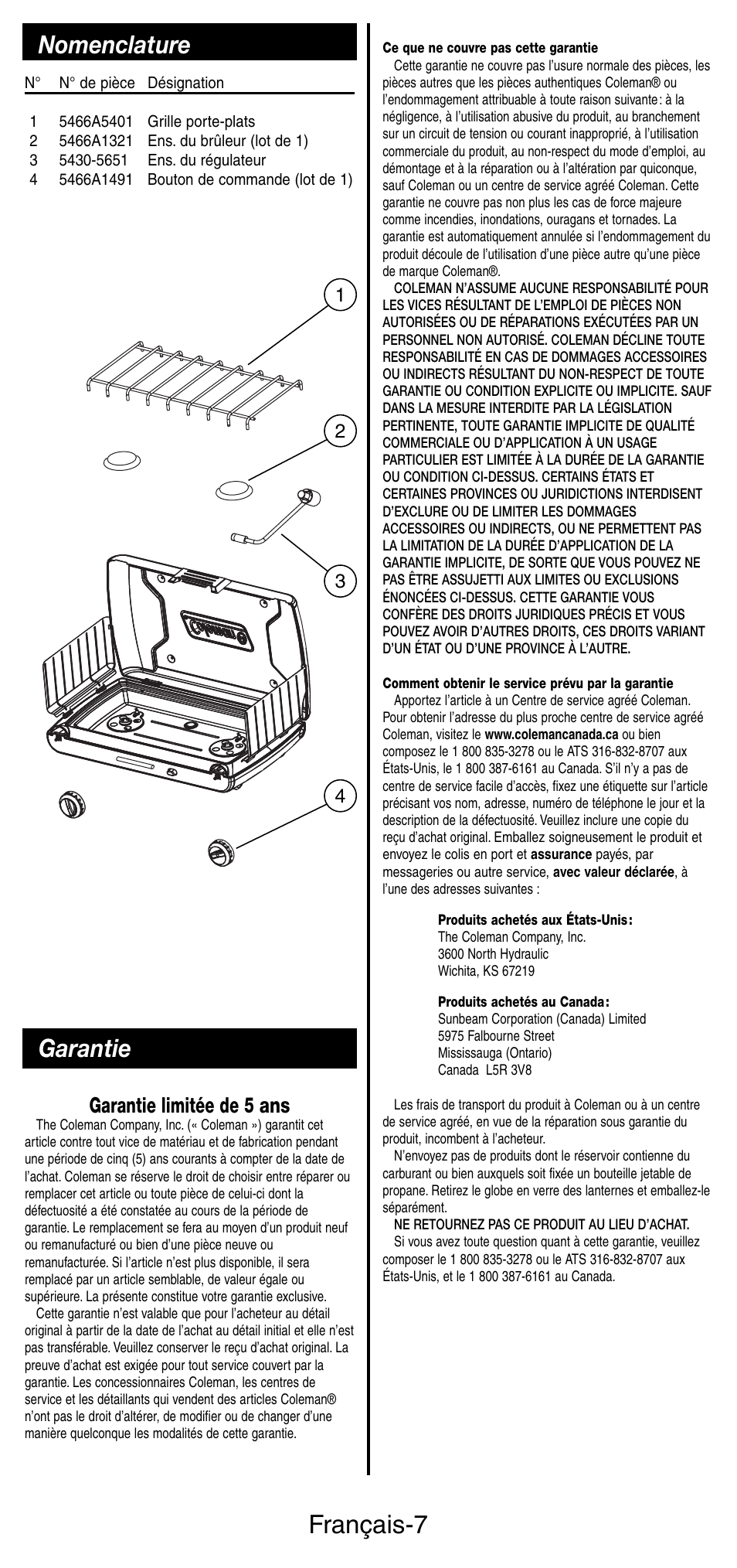 Français-7, Nomenclature garantie, Garantie limitée de 5 ans | Coleman 5466A User Manual | Page 14 / 24