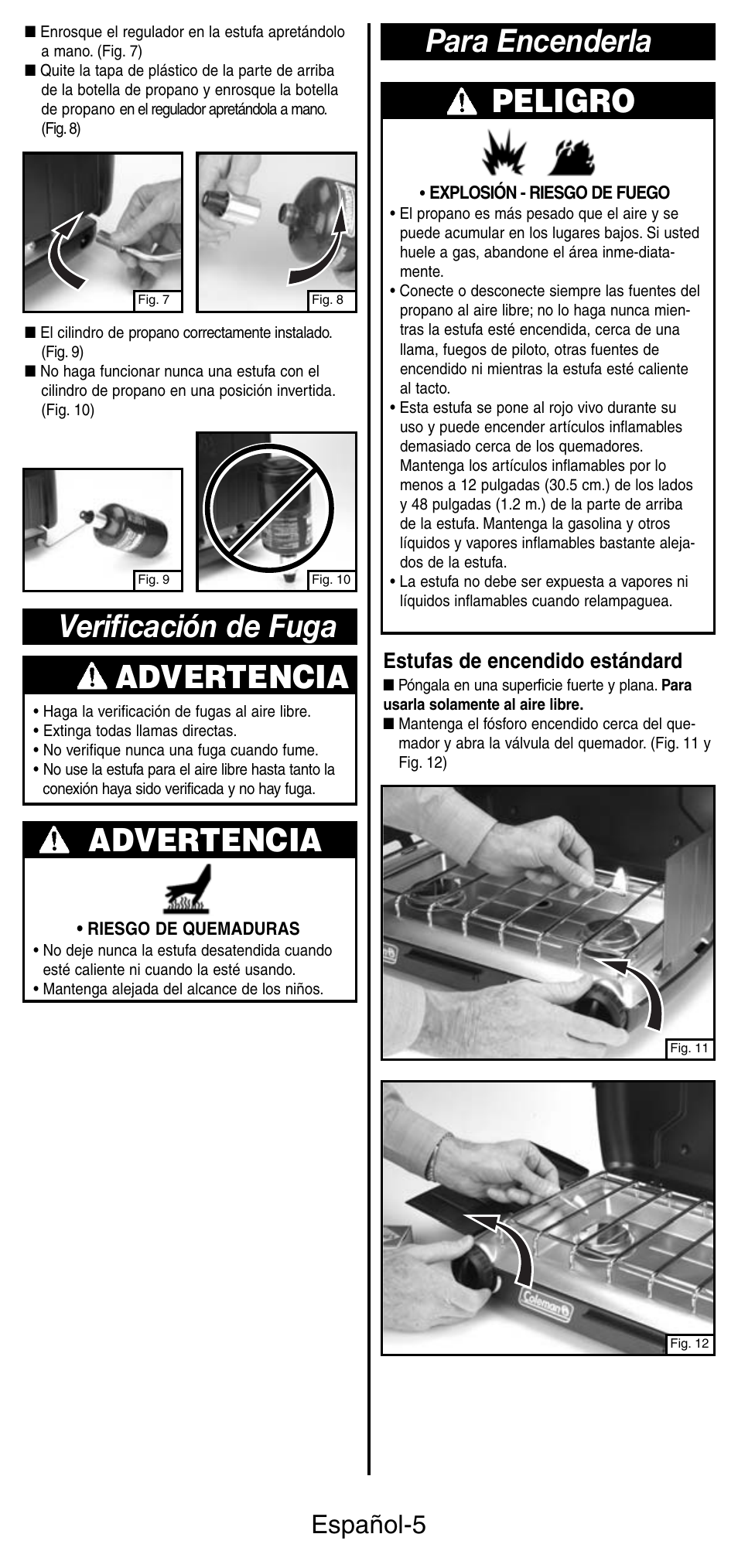 Advertencia, Verificación de fuga para encenderla peligro, Español-5 | Estufas de encendido estándard | Coleman 5466A User Manual | Page 19 / 24