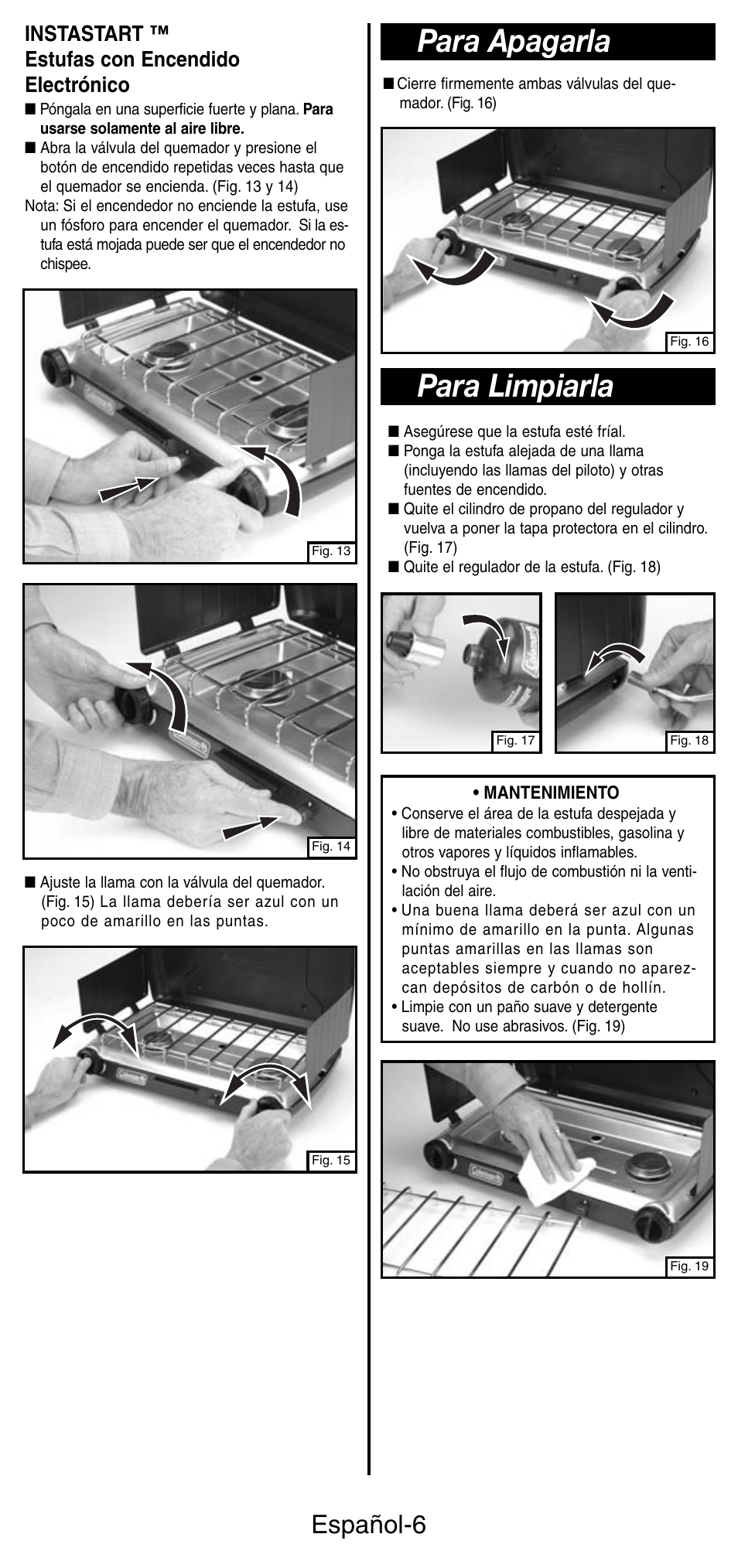 Para apagarla para limpiarla, Español-6, Instastart ™ estufas con encendido electrónico | Coleman 5466A User Manual | Page 20 / 24