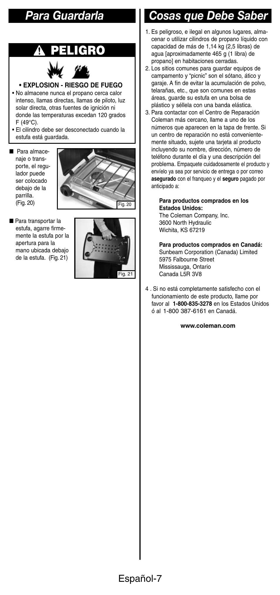 Peligro, Para guardarla, Cosas que debe saber | Español-7 | Coleman 5466A User Manual | Page 21 / 24