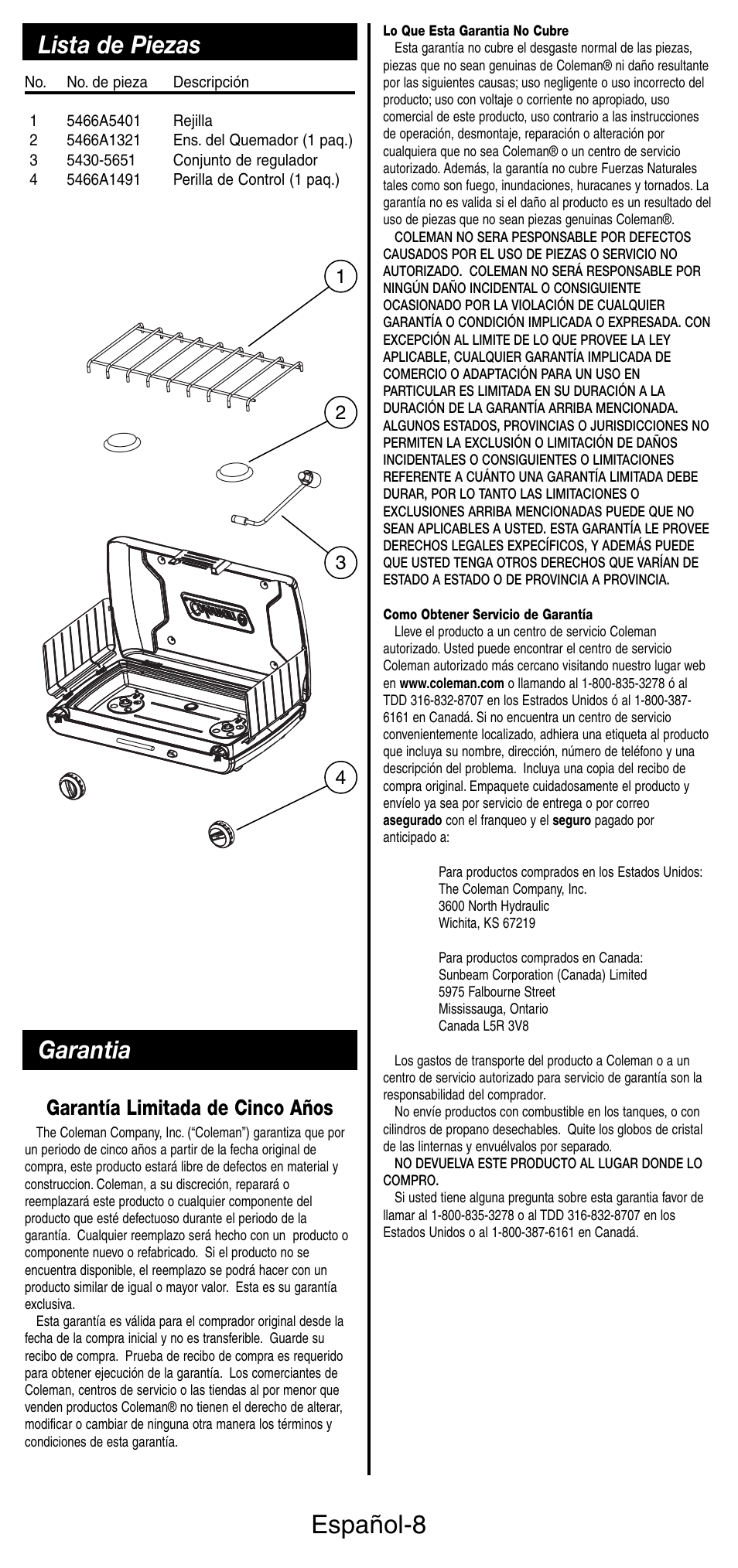 Español-8, Lista de piezas garantia, Garantía limitada de cinco años | Coleman 5466A User Manual | Page 22 / 24