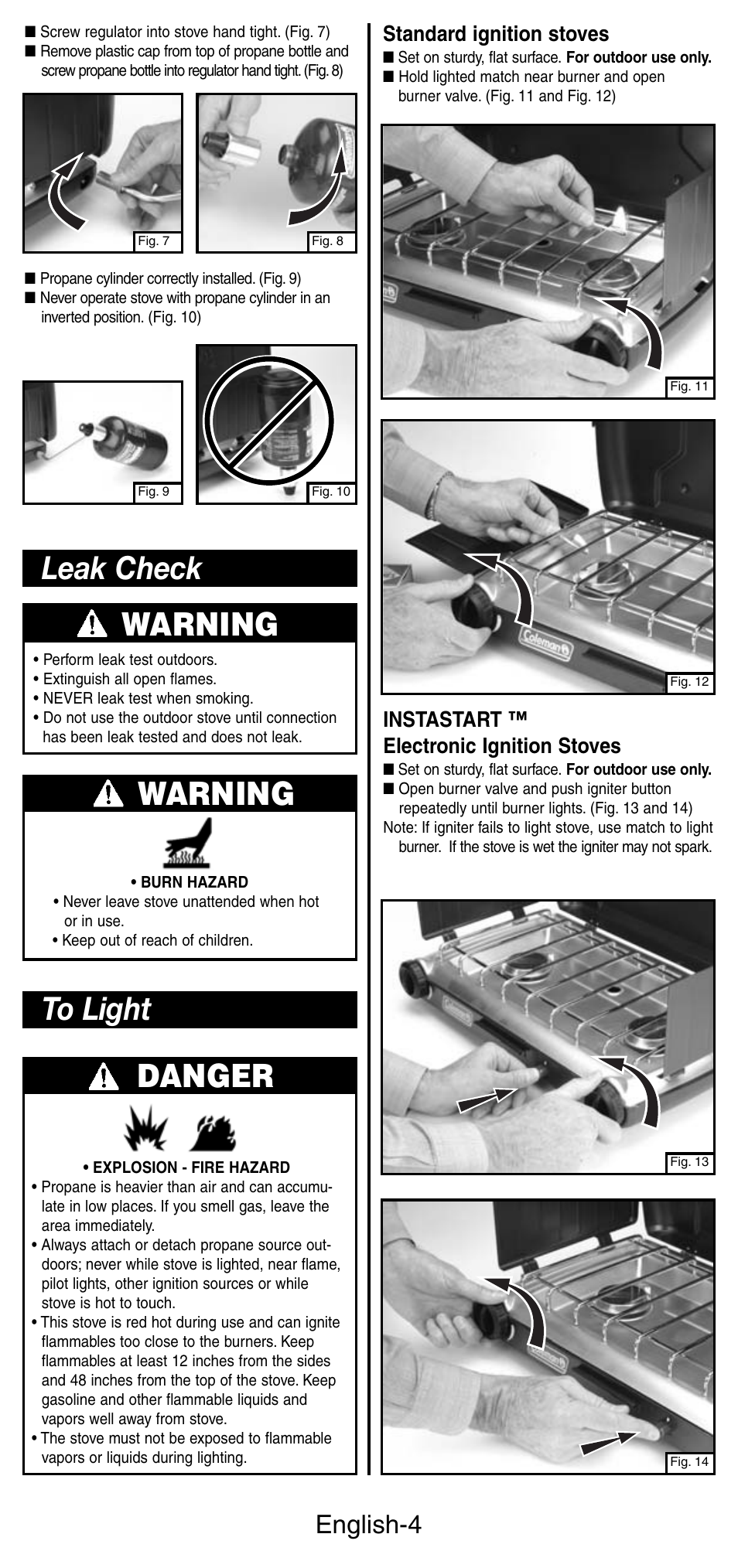 Warning, Leak check warning, English-4 | Standard ignition stoves, Instastart ™ electronic ignition stoves | Coleman 5466A User Manual | Page 5 / 24