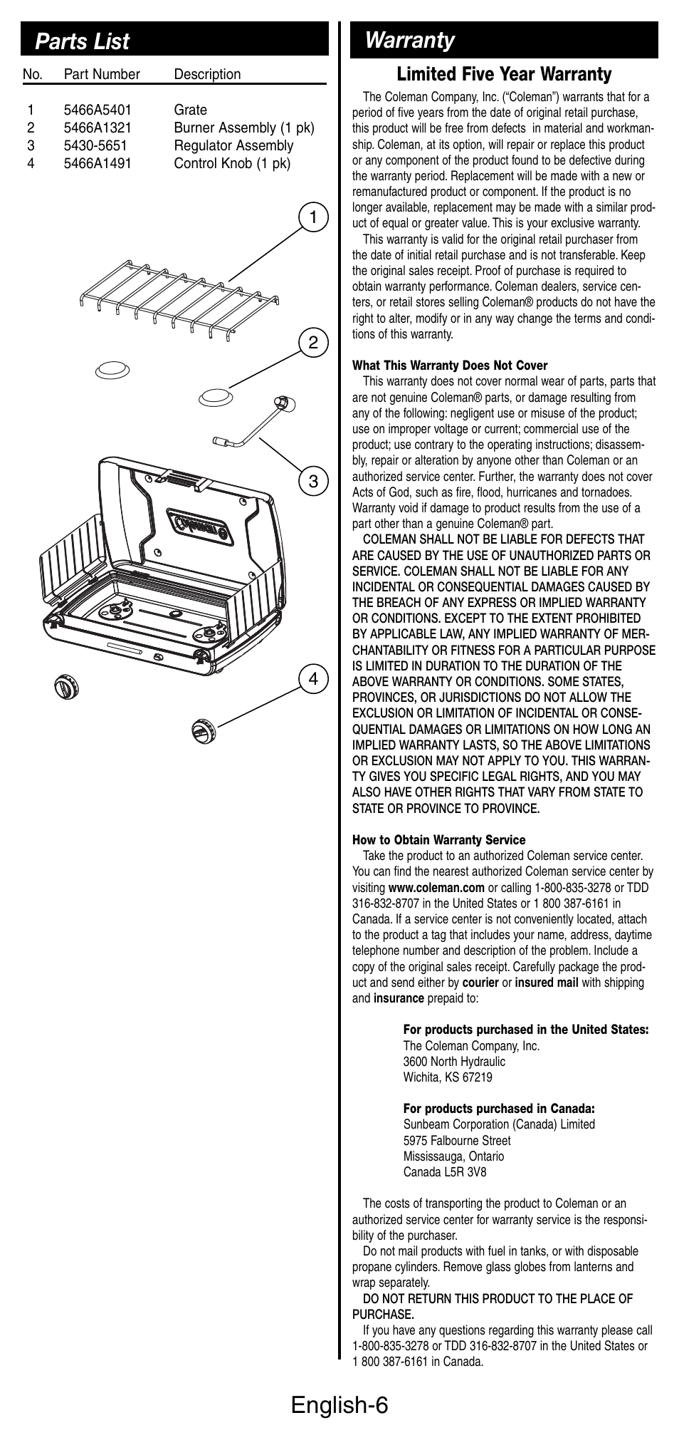 English-6, Warranty parts list, Limited five year warranty | Coleman 5466A User Manual | Page 7 / 24