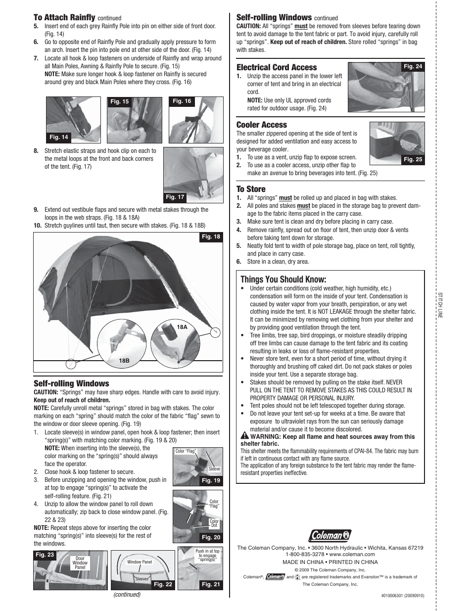 Things you should know, Self-rolling windows, Cooler access | Electrical cord access | Coleman EVANSTON 2000004674 User Manual | Page 2 / 2