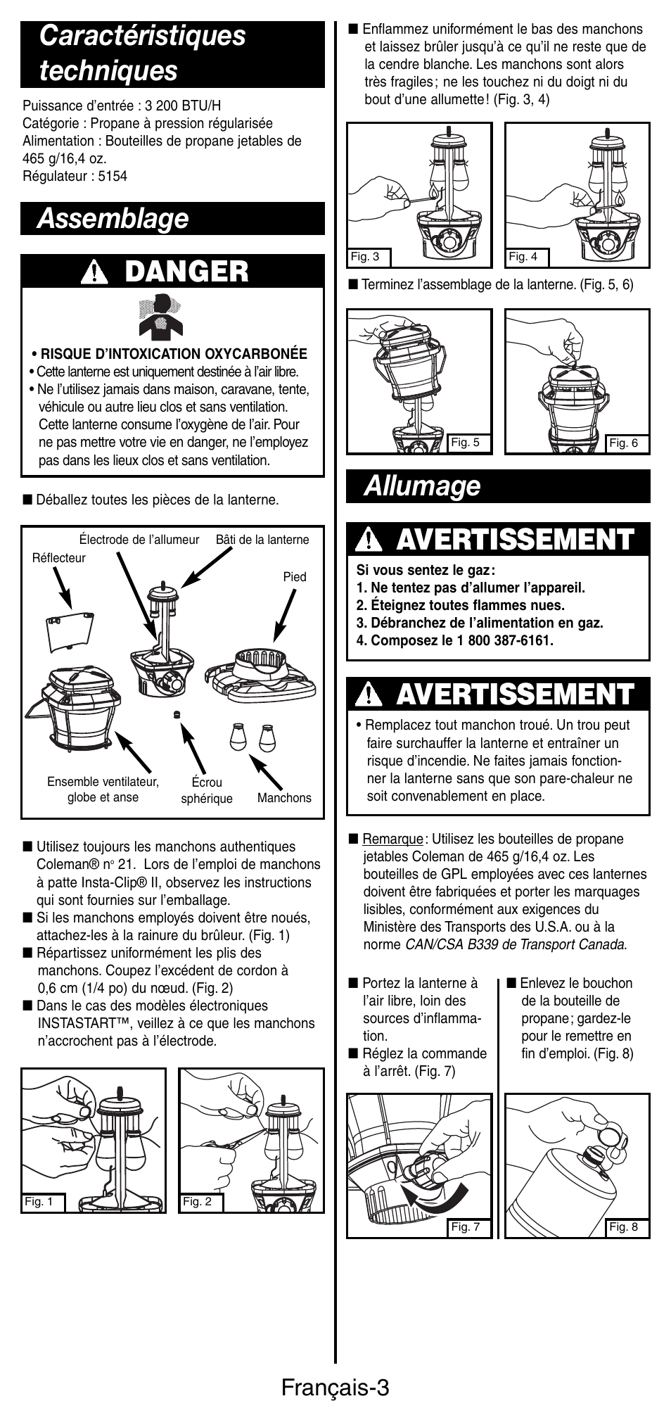 Caractéristiques techniques, Danger, Assemblage | Allumage, Avertissement, Français-3 | Coleman 5177 User Manual | Page 10 / 24