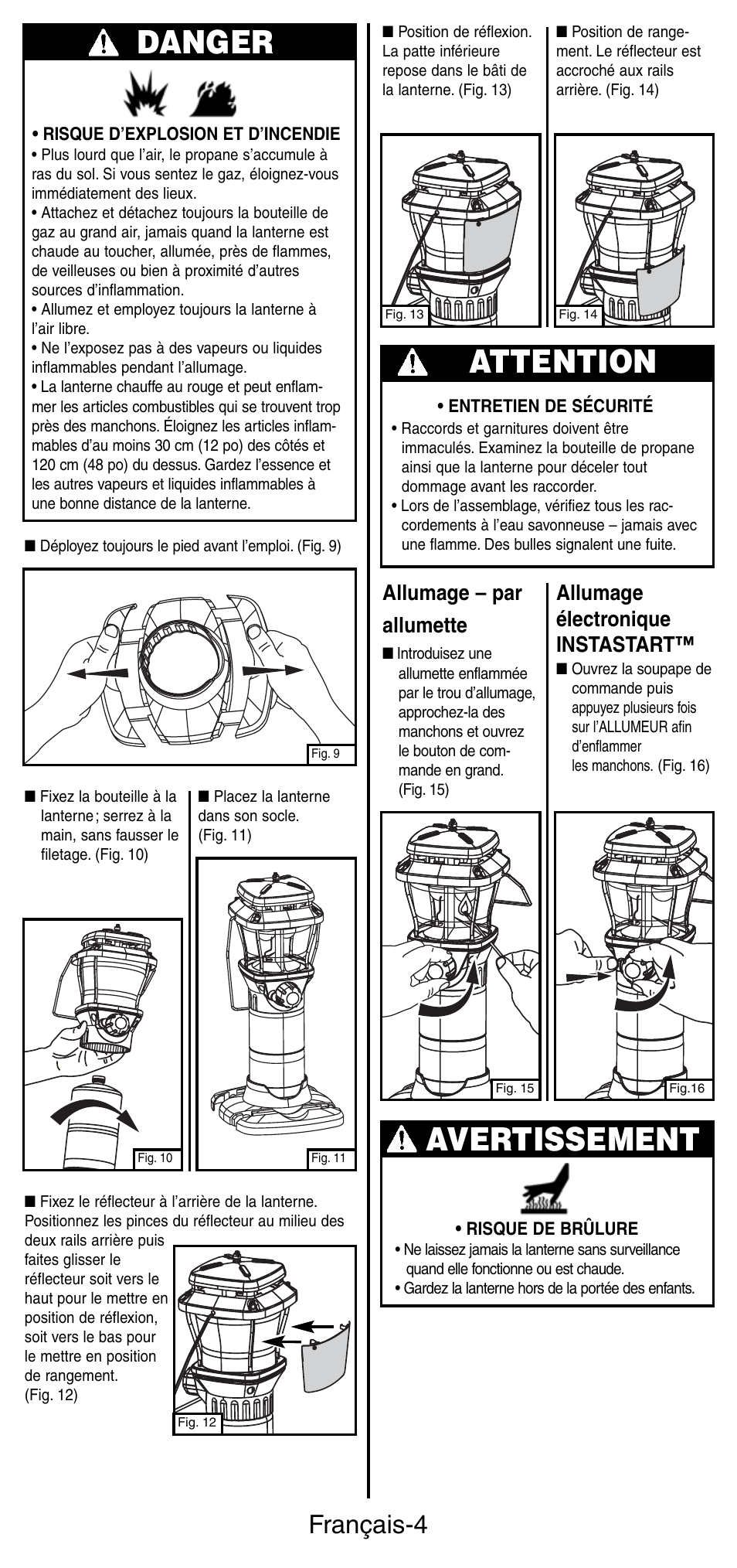 Danger, Attention, Avertissement | Français-4, Allumage – par allumette, Allumage électronique instastart | Coleman 5177 User Manual | Page 11 / 24