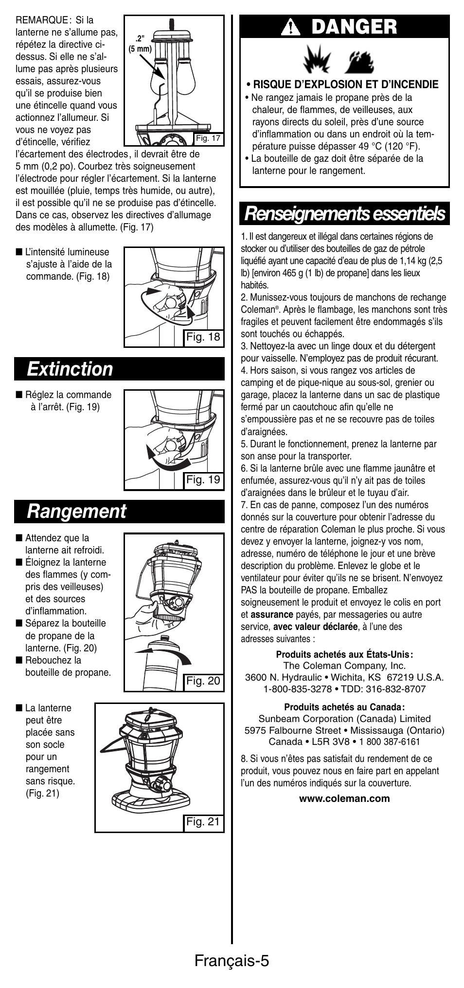 Extinction, Rangement, Renseignements essentiels | Danger, Français-5 | Coleman 5177 User Manual | Page 12 / 24
