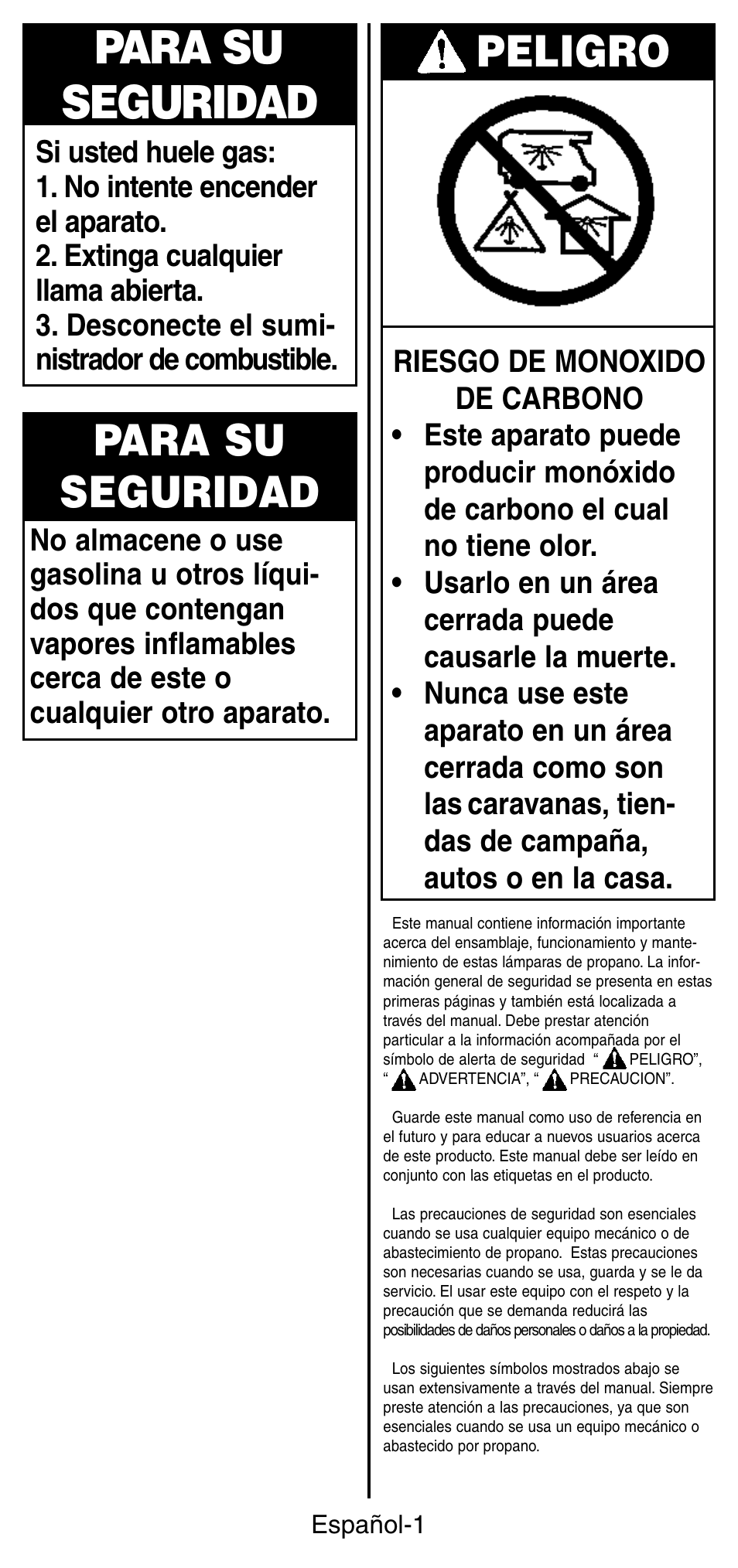 Para su seguridad, Peligro | Coleman 5177 User Manual | Page 15 / 24