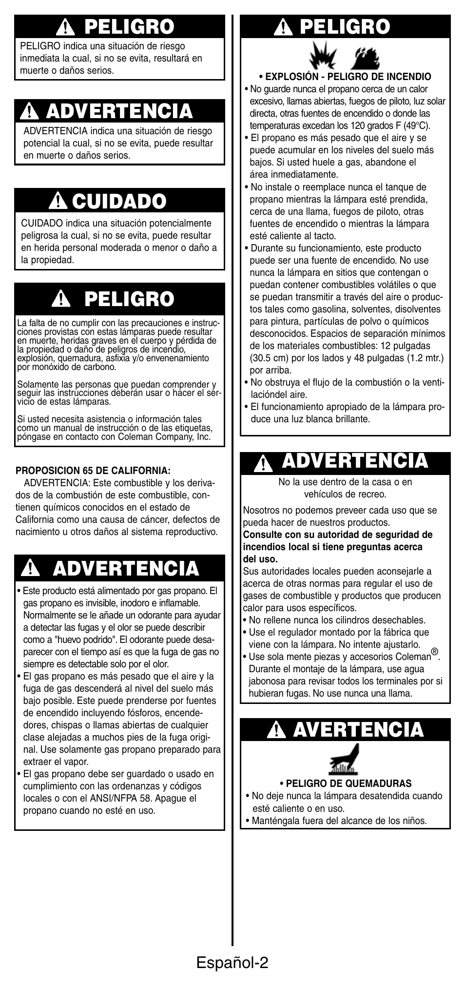 Peligro, Advertencia, Cuidado | Avertencia, Español-2 | Coleman 5177 User Manual | Page 16 / 24