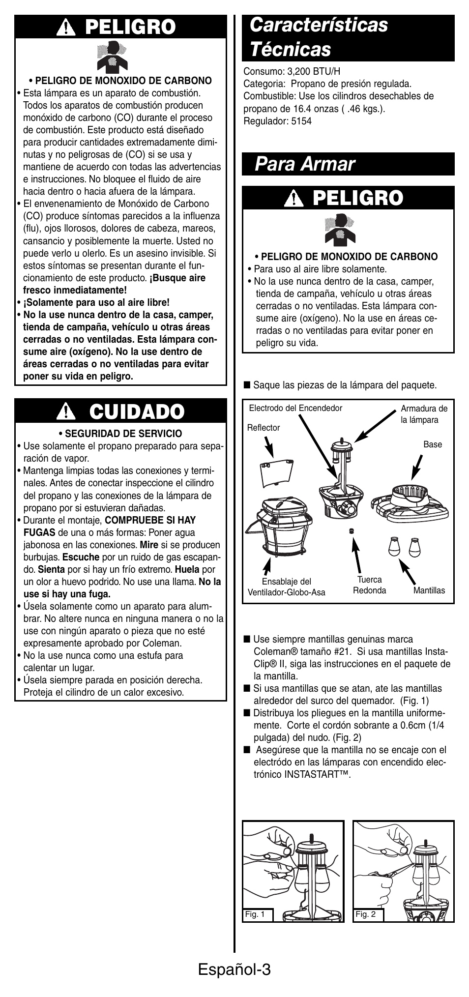 Peligro, Cuidado, Características técnicas para armar | Español-3 | Coleman 5177 User Manual | Page 17 / 24