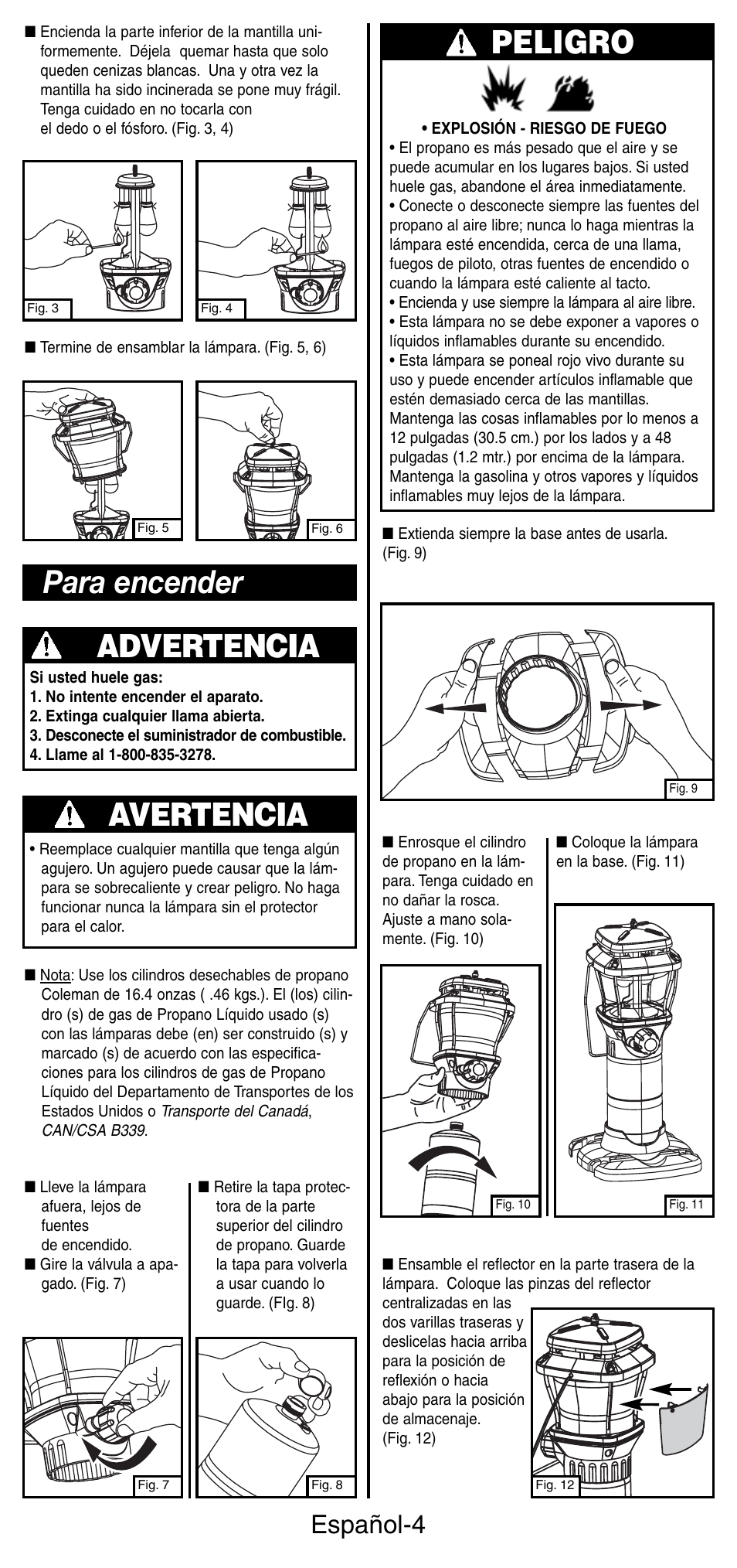 Para encender advertencia, Avertencia, Peligro | Español-4 | Coleman 5177 User Manual | Page 18 / 24
