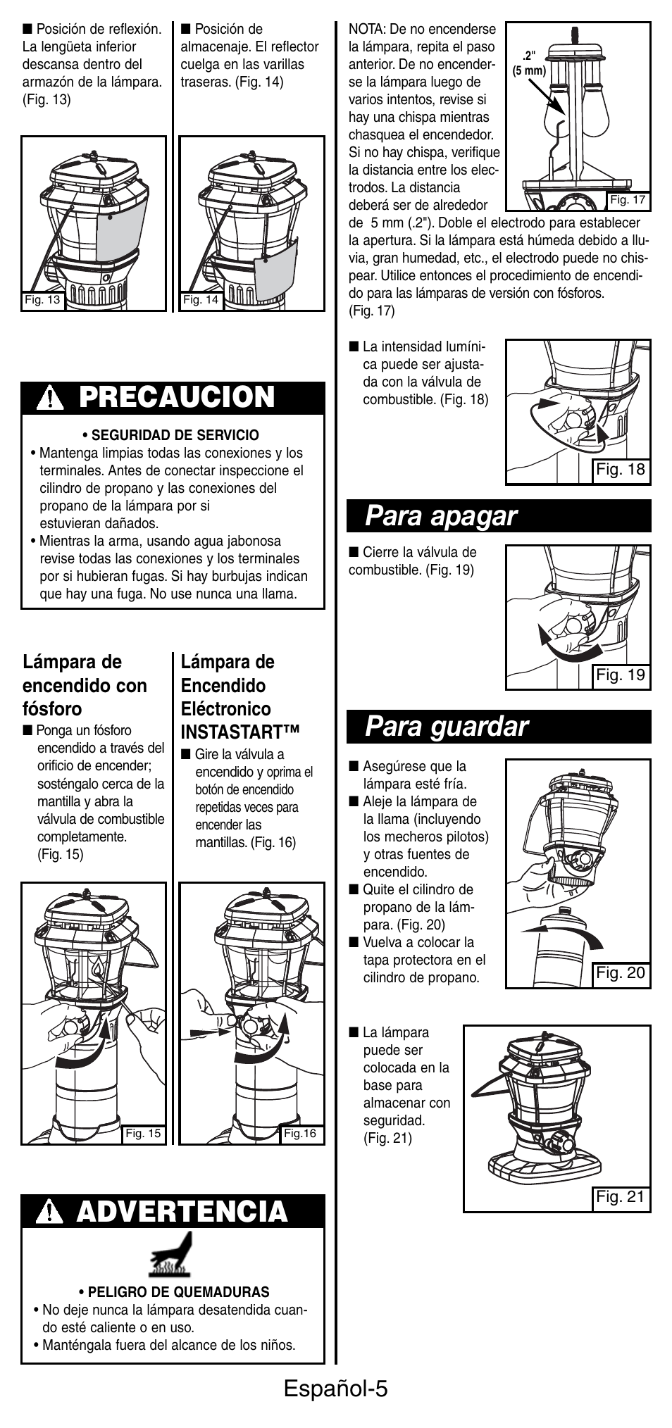 Precaucion, Advertencia, Para apagar para guardar | Español-5, Lámpara de encendido eléctronico instastart, Lámpara de encendido con fósforo | Coleman 5177 User Manual | Page 19 / 24
