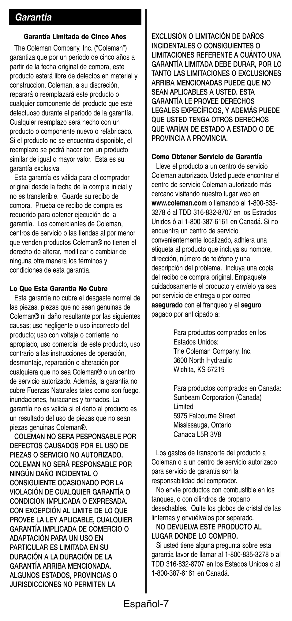 Español-7, Garantia | Coleman 5177 User Manual | Page 21 / 24