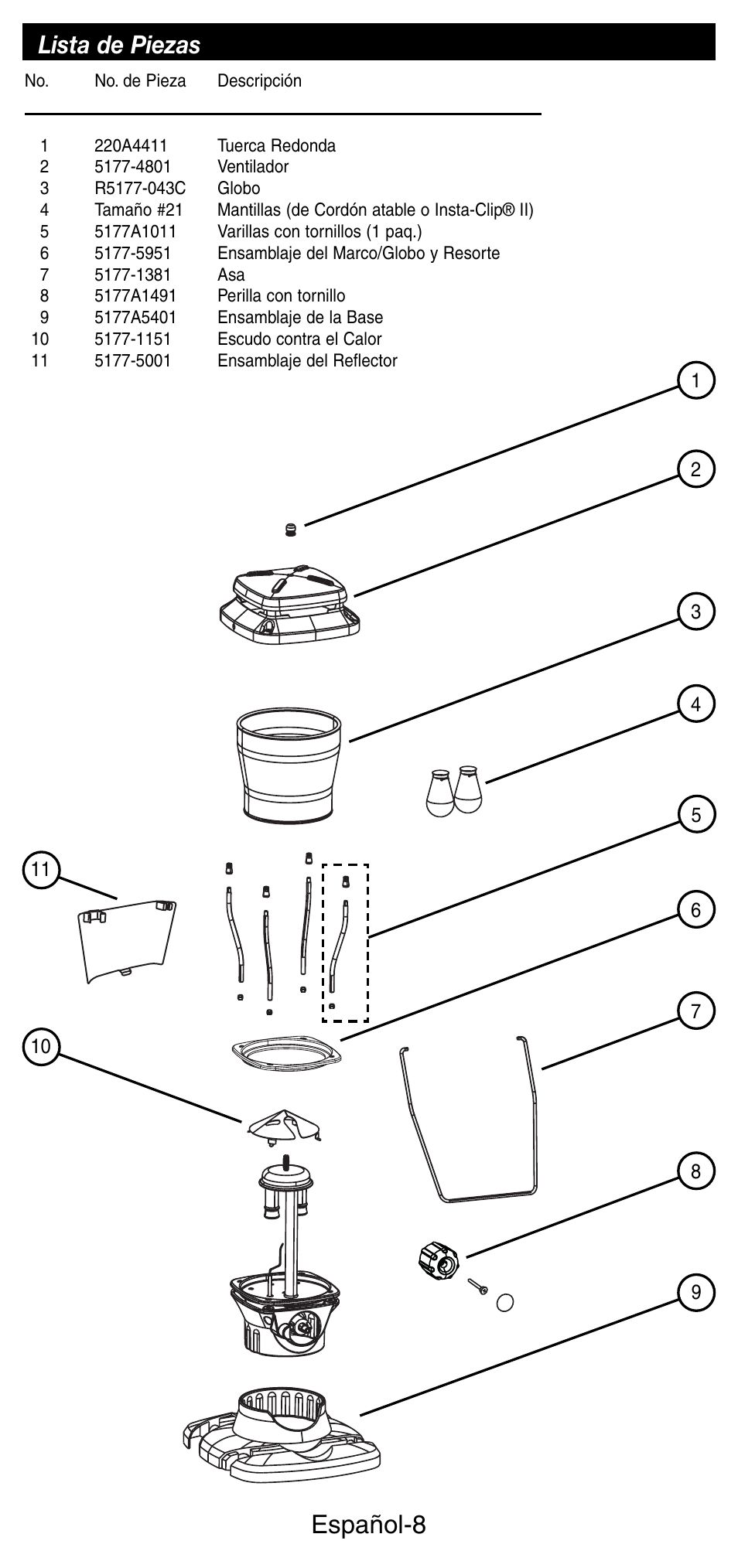 Español-8, Lista de piezas | Coleman 5177 User Manual | Page 22 / 24