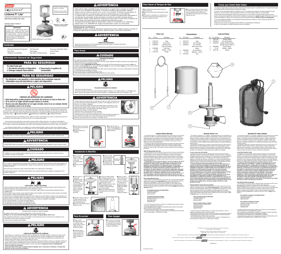 Linterna f1 lite, Para su seguridad, Peligro | Advertencia, Cuidado, Peligro advertencia | Coleman 9742A Series User Manual | Page 2 / 2