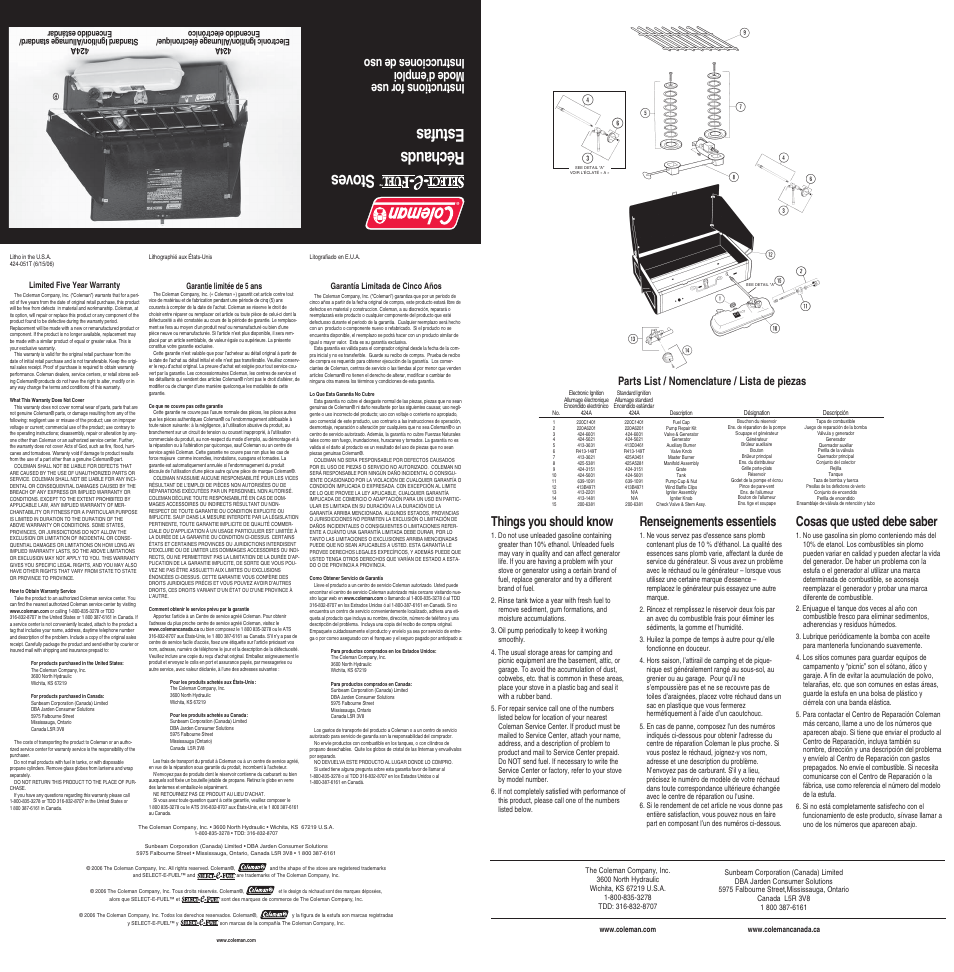 Coleman SELECT-E-FUEL 424-051T User Manual | 2 pages