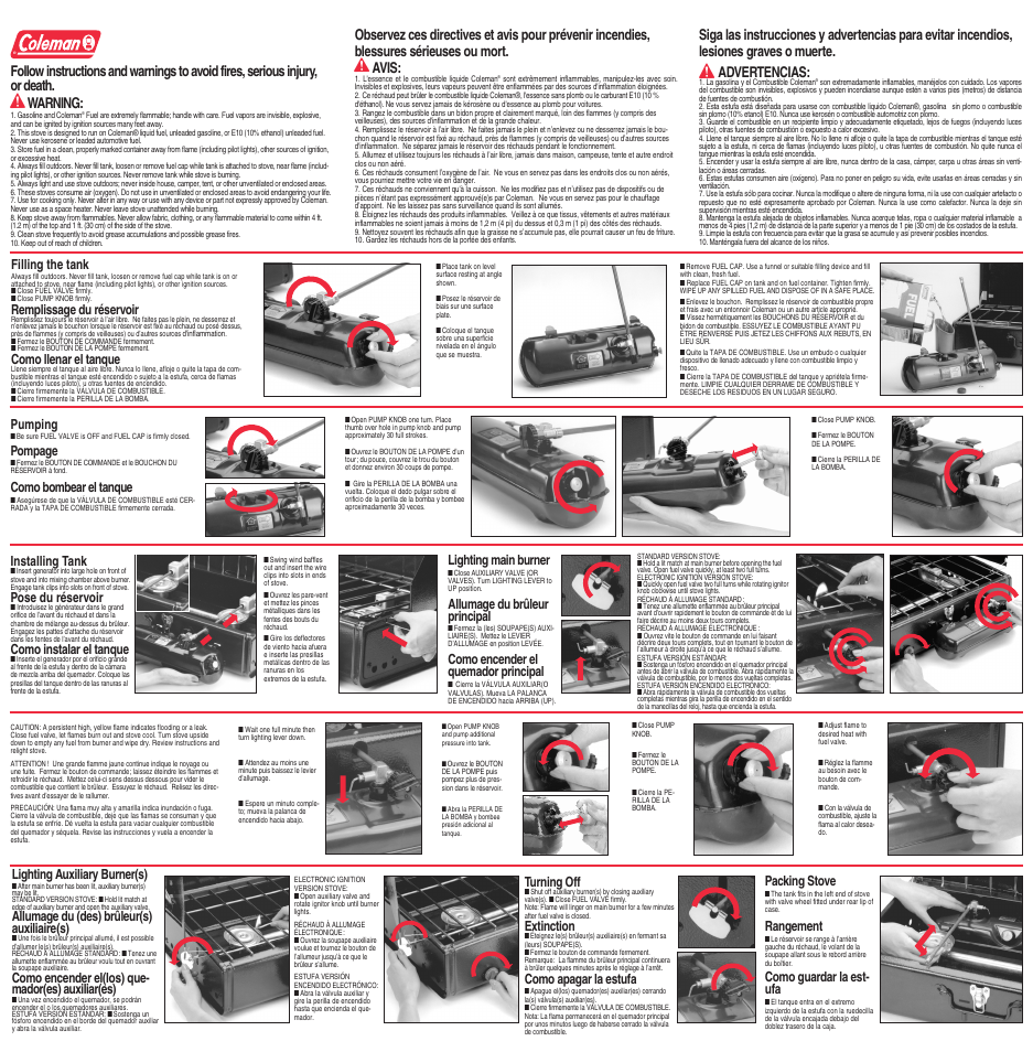 Filling the tank, Remplissage du réservoir, Como llenar el tanque | Pumping, Pompage, Como bombear el tanque, Installing tank, Pose du réservoir, Como instalar el tanque, Lighting main burner | Coleman SELECT-E-FUEL 424-051T User Manual | Page 2 / 2