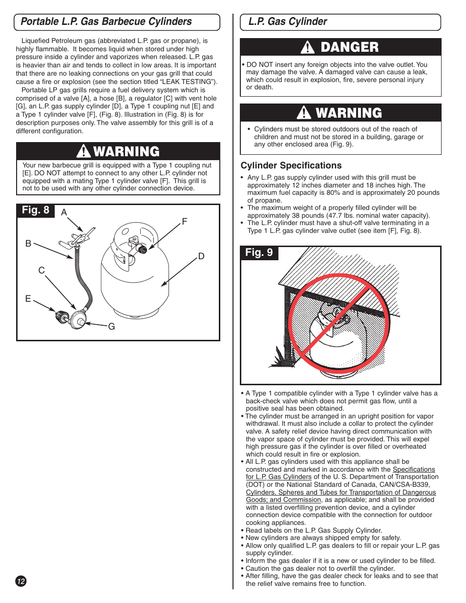 Warning, Danger, Portable l.p. gas barbecue cylinders | L.p. gas cylinder, Fig. 8, Fig. 9 | Coleman 8350 Series User Manual | Page 12 / 28