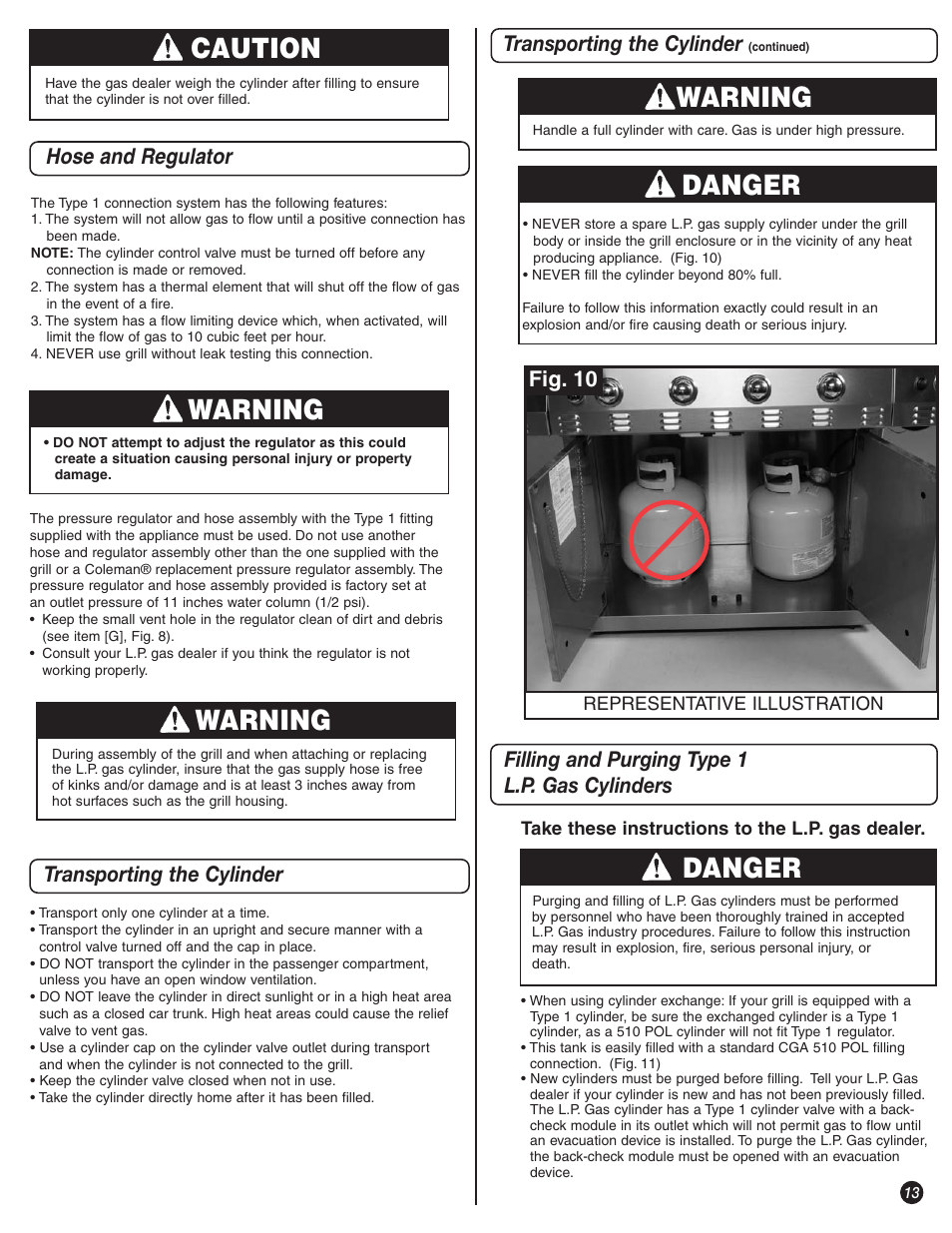 Caution, Warning, Danger | Hose and regulator, Transporting the cylinder | Coleman 8350 Series User Manual | Page 13 / 28