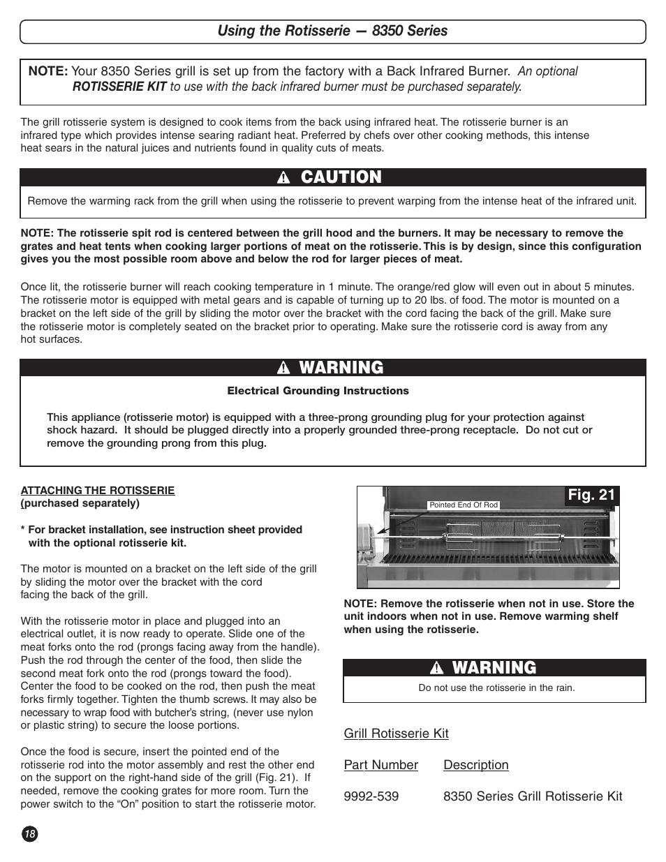 Caution, Warning, Using the rotisserie — 8350 series | Fig. 21 | Coleman 8350 Series User Manual | Page 18 / 28