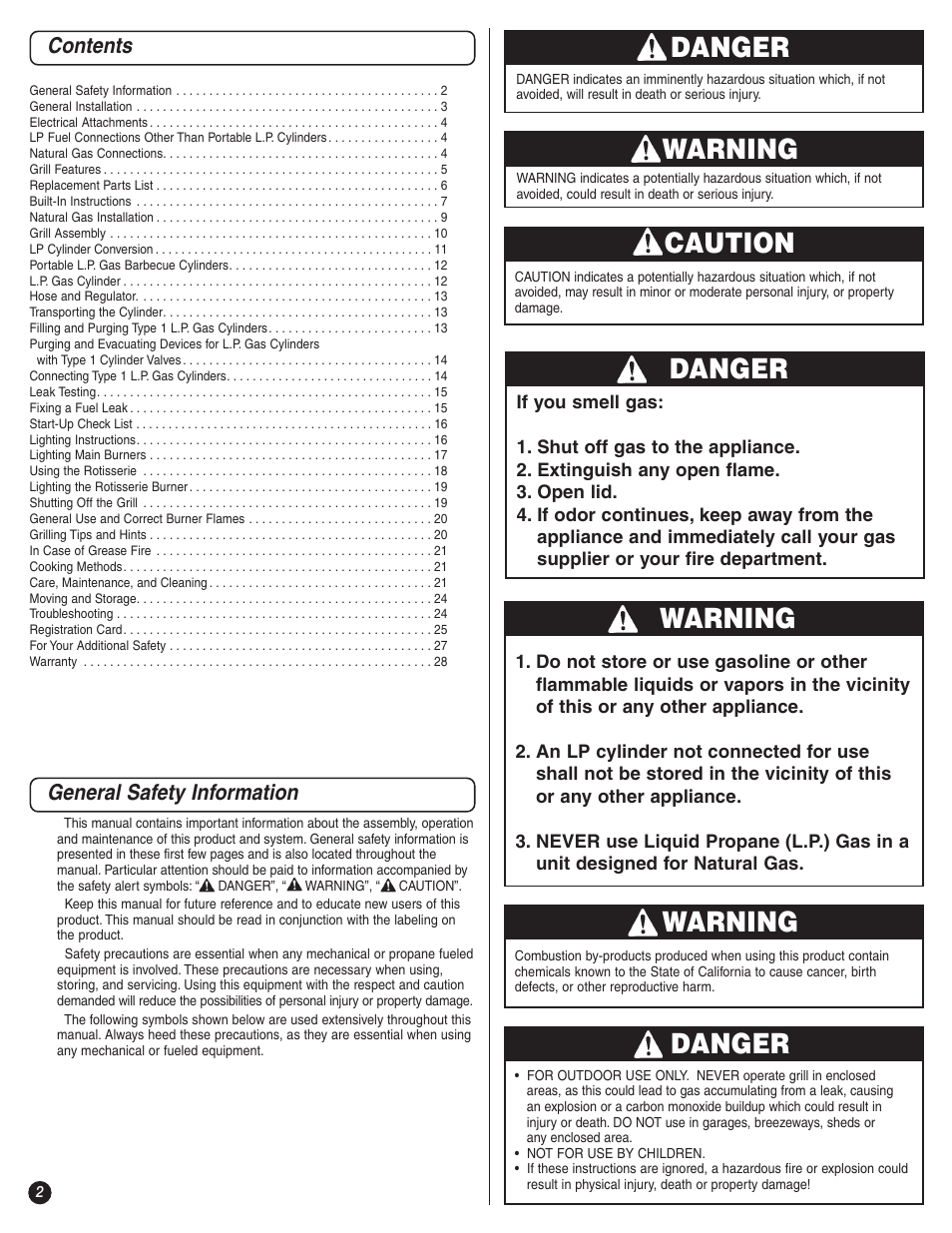 Danger, Warning, Caution | Contents general safety information | Coleman 8350 Series User Manual | Page 2 / 28
