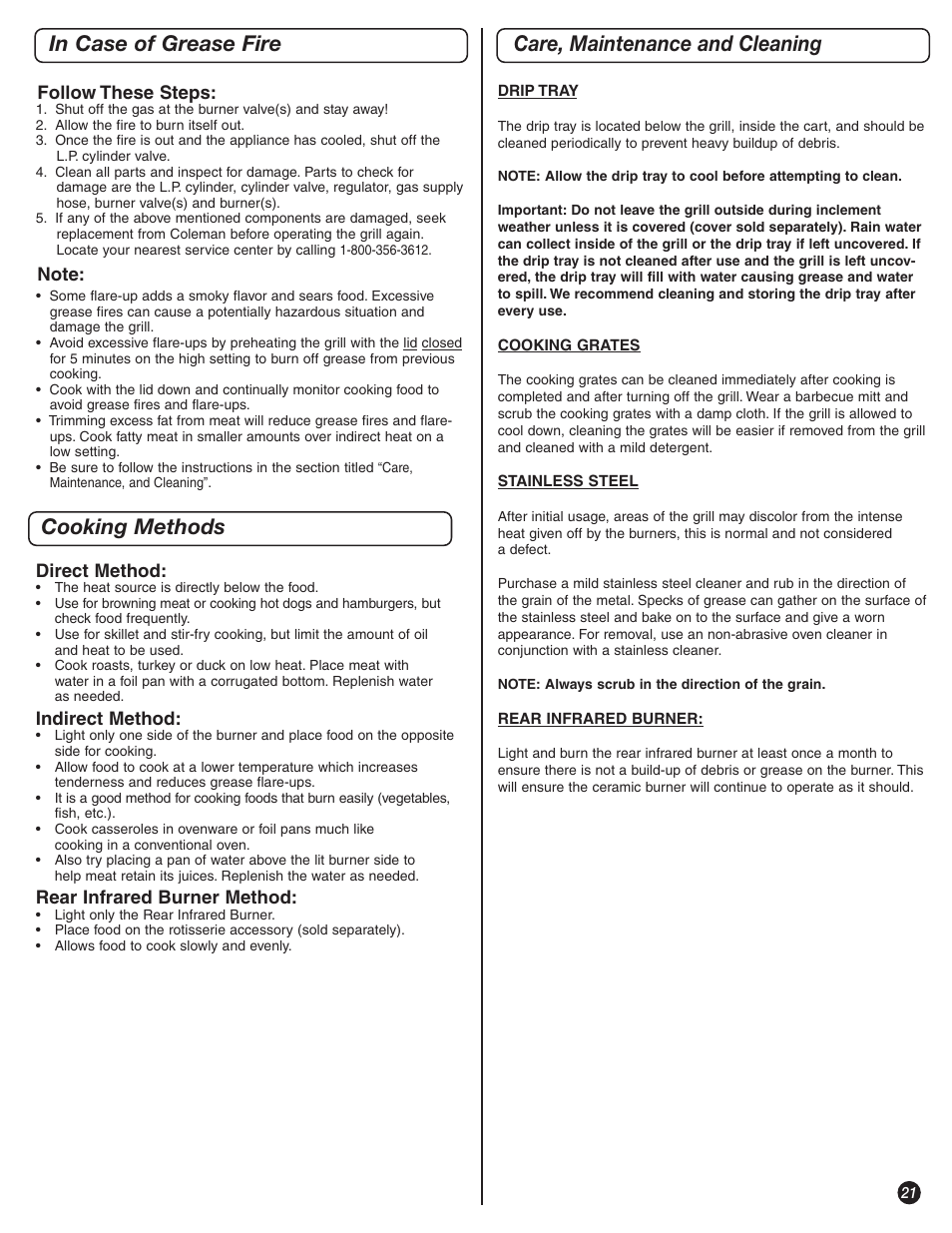 Cooking methods in case of grease fire, Care, maintenance and cleaning | Coleman 8350 Series User Manual | Page 21 / 28