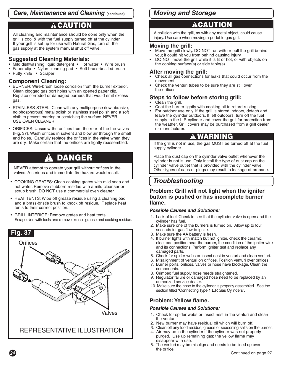 Danger, Caution, Warning | Care, maintenance and cleaning, Representative illustration, Moving and storage troubleshooting, Fig. 37 | Coleman 8350 Series User Manual | Page 24 / 28