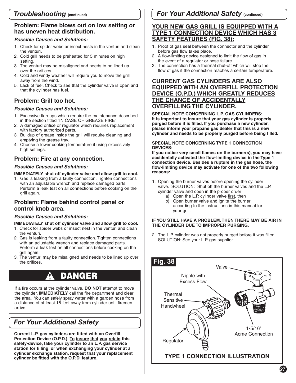 Danger, For your additional safety, Troubleshooting | Fig. 38 | Coleman 8350 Series User Manual | Page 27 / 28