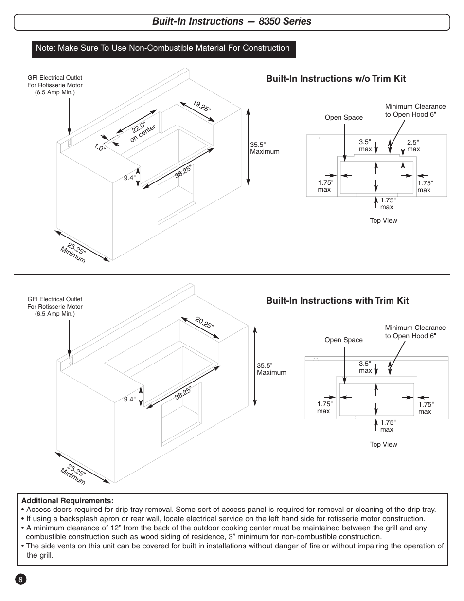 Built-in instructions — 8350 series, Built-in instructions w/o trim kit, Built-in instructions with trim kit | Coleman 8350 Series User Manual | Page 8 / 28