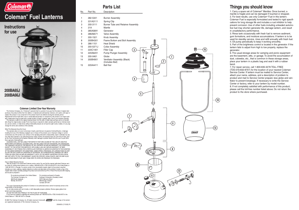 Coleman 200BA65J User Manual | 2 pages