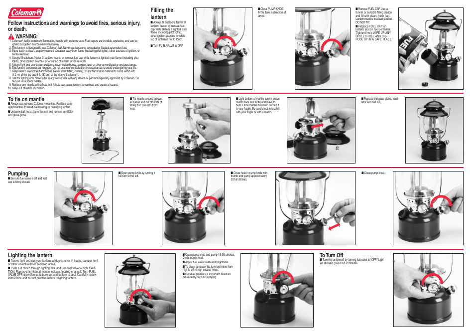 Filling the lantern, Pumping, Lighting the lantern | Coleman 200BA65J User Manual | Page 2 / 2