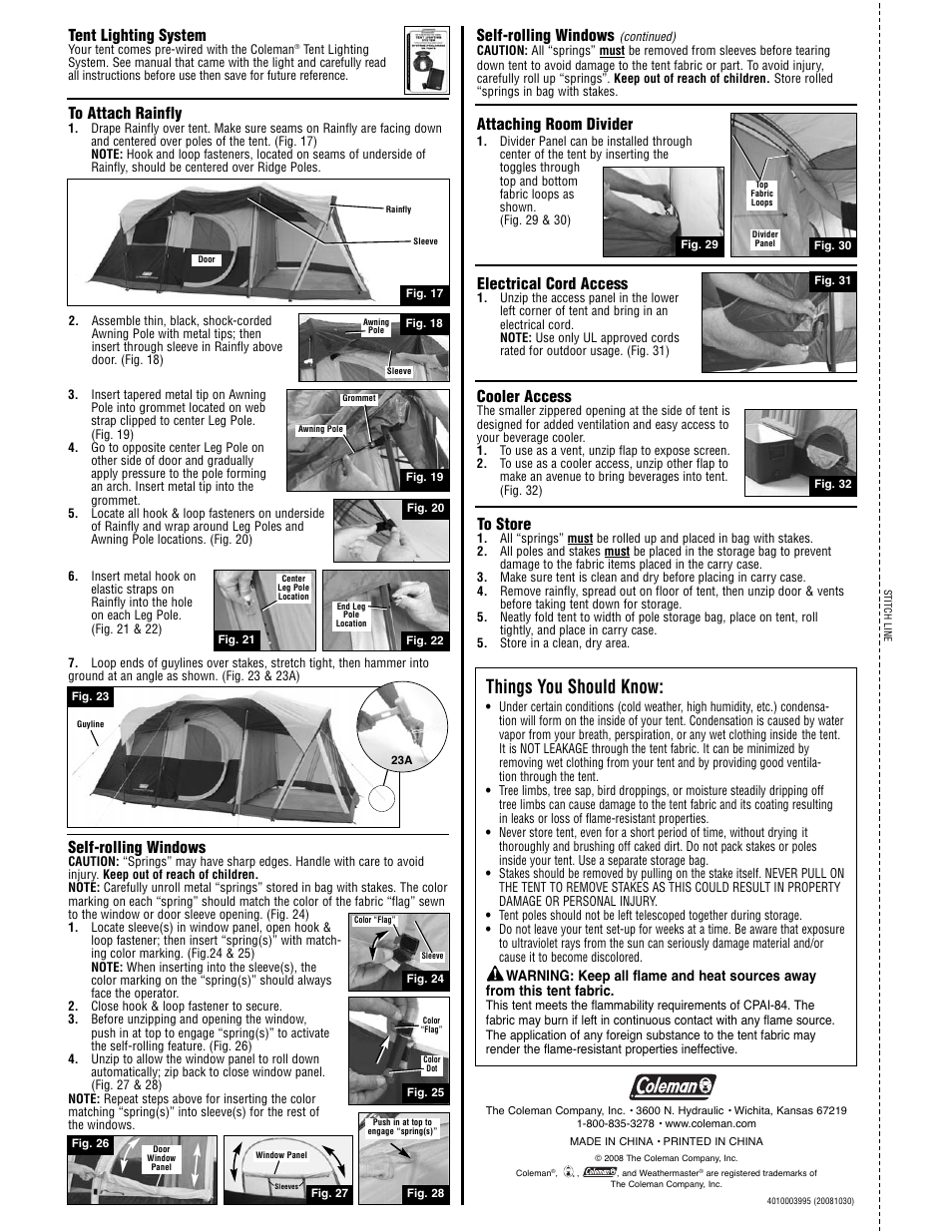 Things you should know, Self-rolling windows, Cooler access | Attaching room divider, Electrical cord access, Tent lighting system | Coleman ELITE WEATHERMASTER 2000001588 User Manual | Page 2 / 2