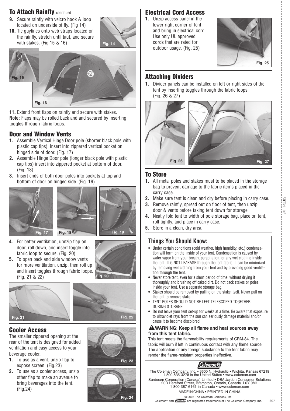 Attaching dividers, Things you should know, Door and window vents | Cooler access, Electrical cord access | Coleman Aquila 9145-171CD User Manual | Page 2 / 2