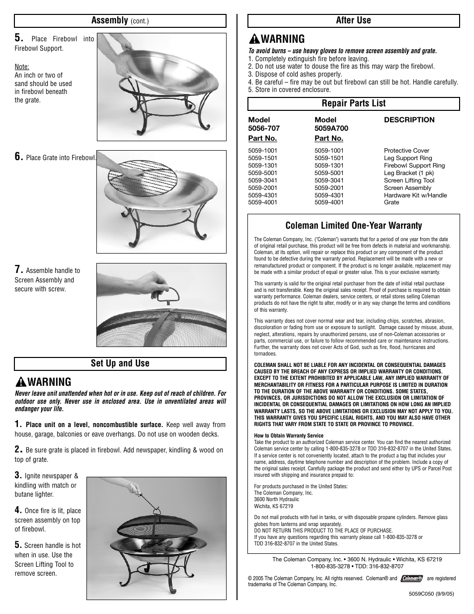 Warning, Assembly, Set up and use | After use, Repair parts list, Coleman limited one-year warranty | Coleman 5059A700 User Manual | Page 2 / 2