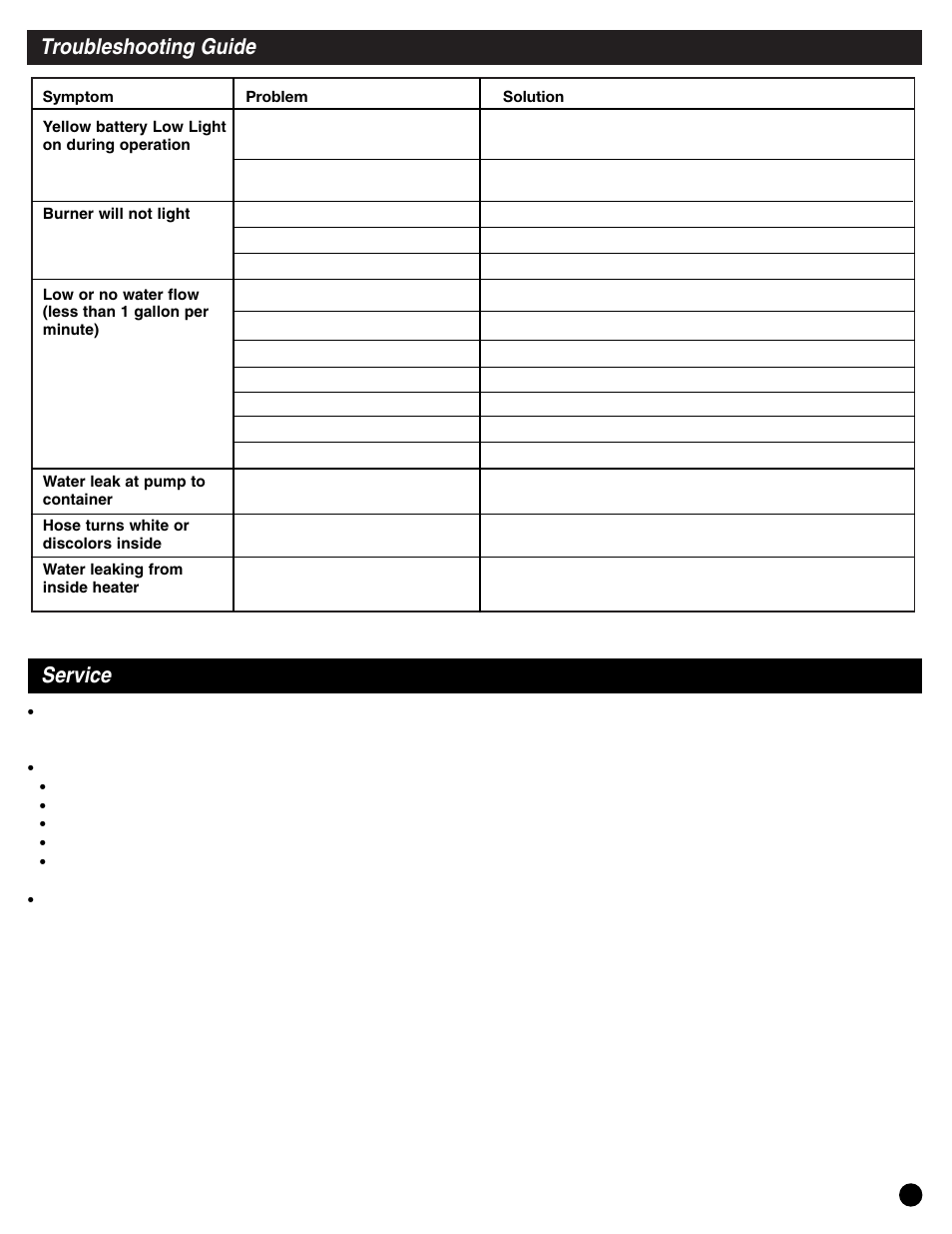 Troubleshooting guide, Service | Coleman 2300-700 User Manual | Page 9 / 12