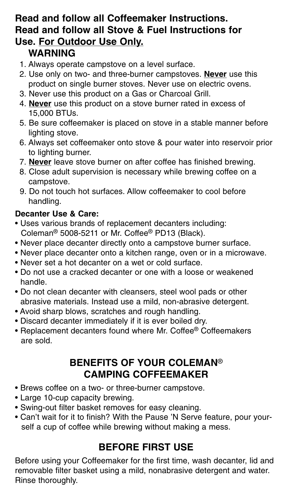 Benefits of your coleman, Camping coffeemaker, Before first use | Coleman 5008-700 User Manual | Page 2 / 5