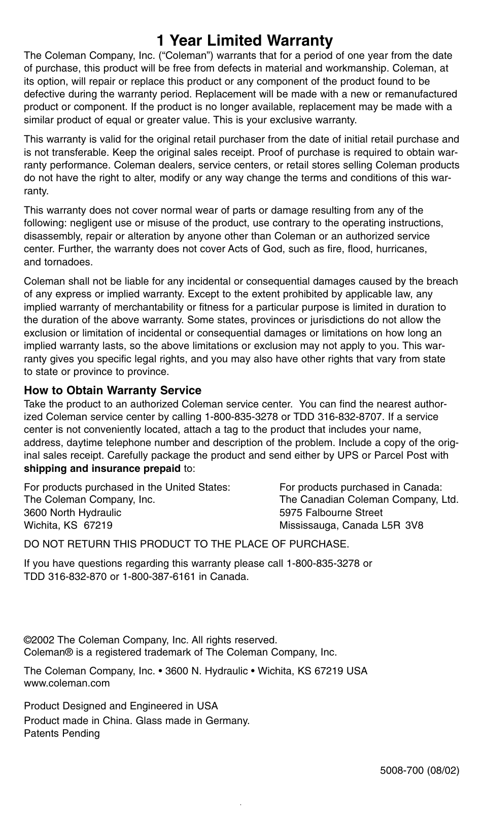 1 year limited warranty | Coleman 5008-700 User Manual | Page 5 / 5