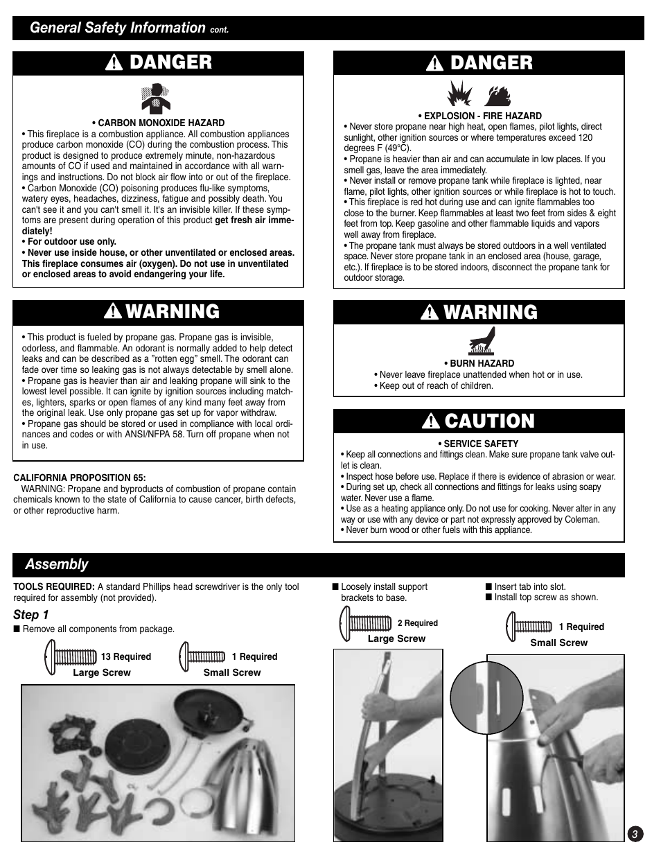 Danger warning, Danger, Warning | Caution, General safety information, Assembly | Coleman 5076 Series User Manual | Page 3 / 8