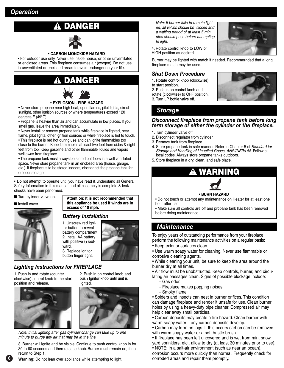 Danger, Warning, Operation | Storage, Maintenance | Coleman 5076 Series User Manual | Page 6 / 8
