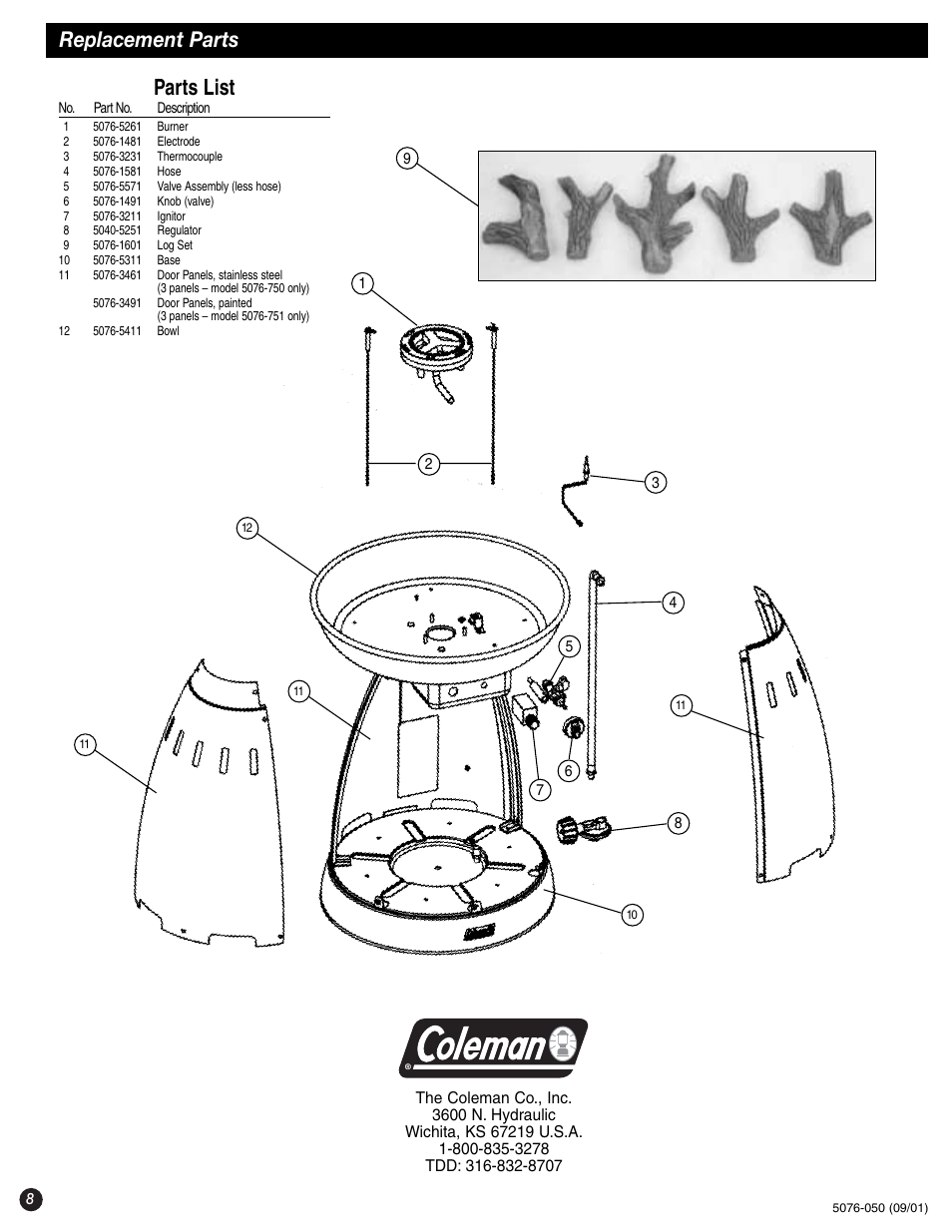 Parts list, Replacement parts | Coleman 5076 Series User Manual | Page 8 / 8