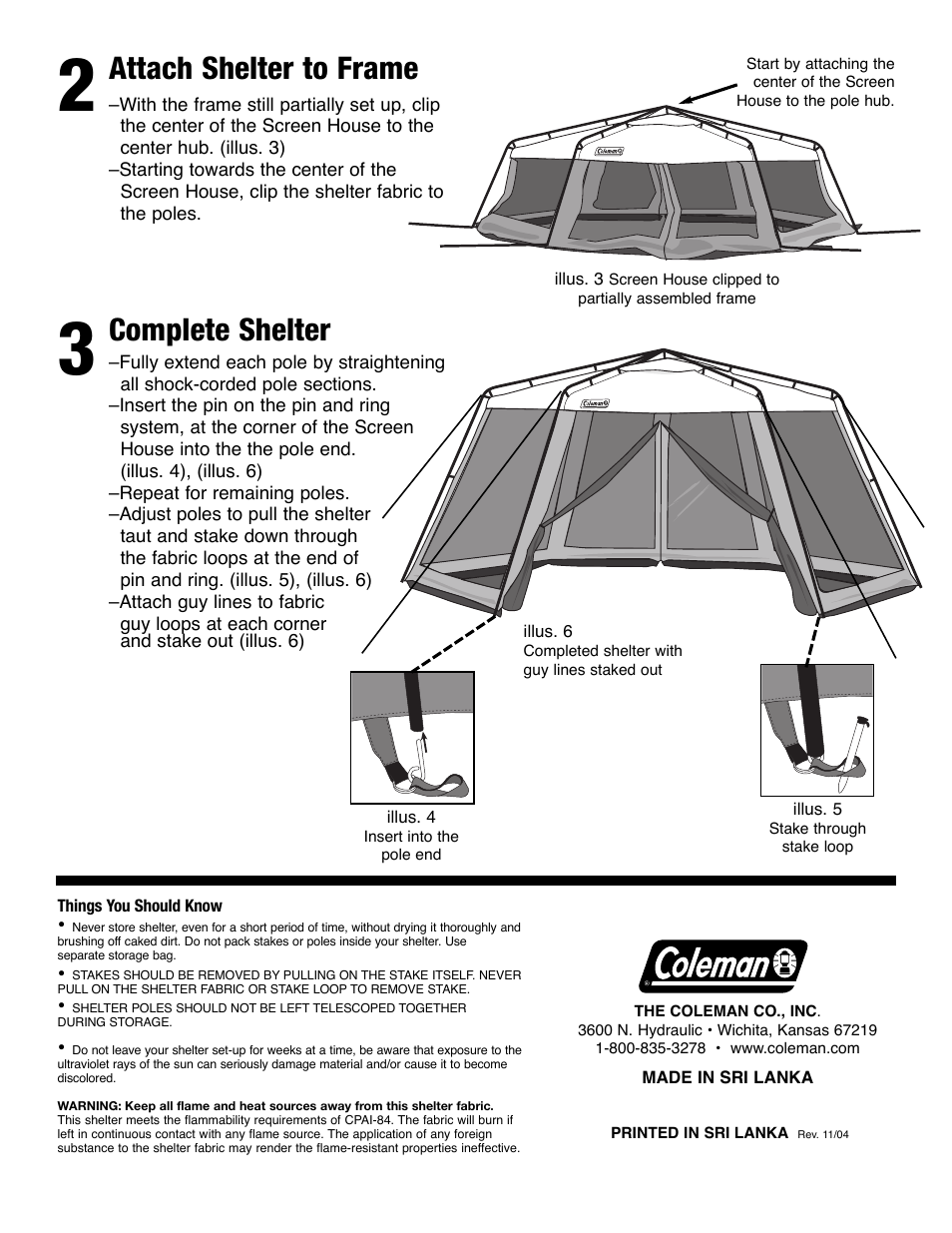 Attach shelter to frame, Complete shelter | Coleman Insta-Clip Screen House User Manual | Page 2 / 2